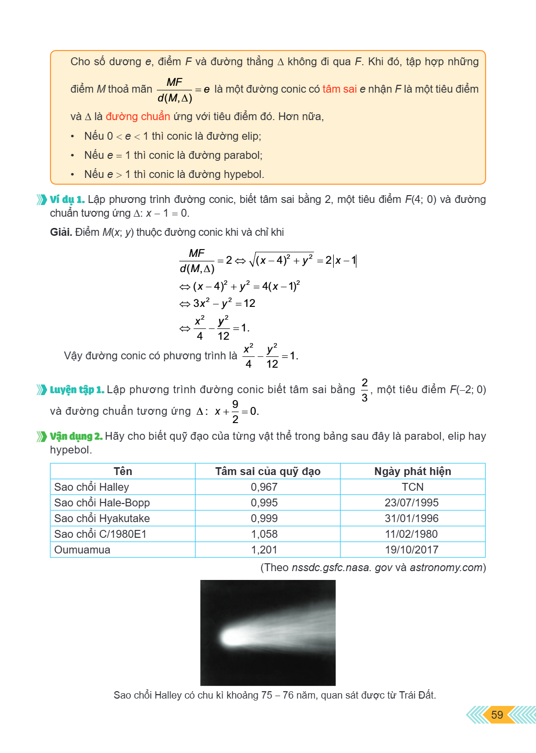 Cho số dương $e$, điểm $F$ và đường thẳng $\Delta$ không đi qua $F$. Khi đó, tập hợp những điểm $M$ thoả mãn $\frac{MF}{d(M,\Delta)} = e$ là một đường conic có 