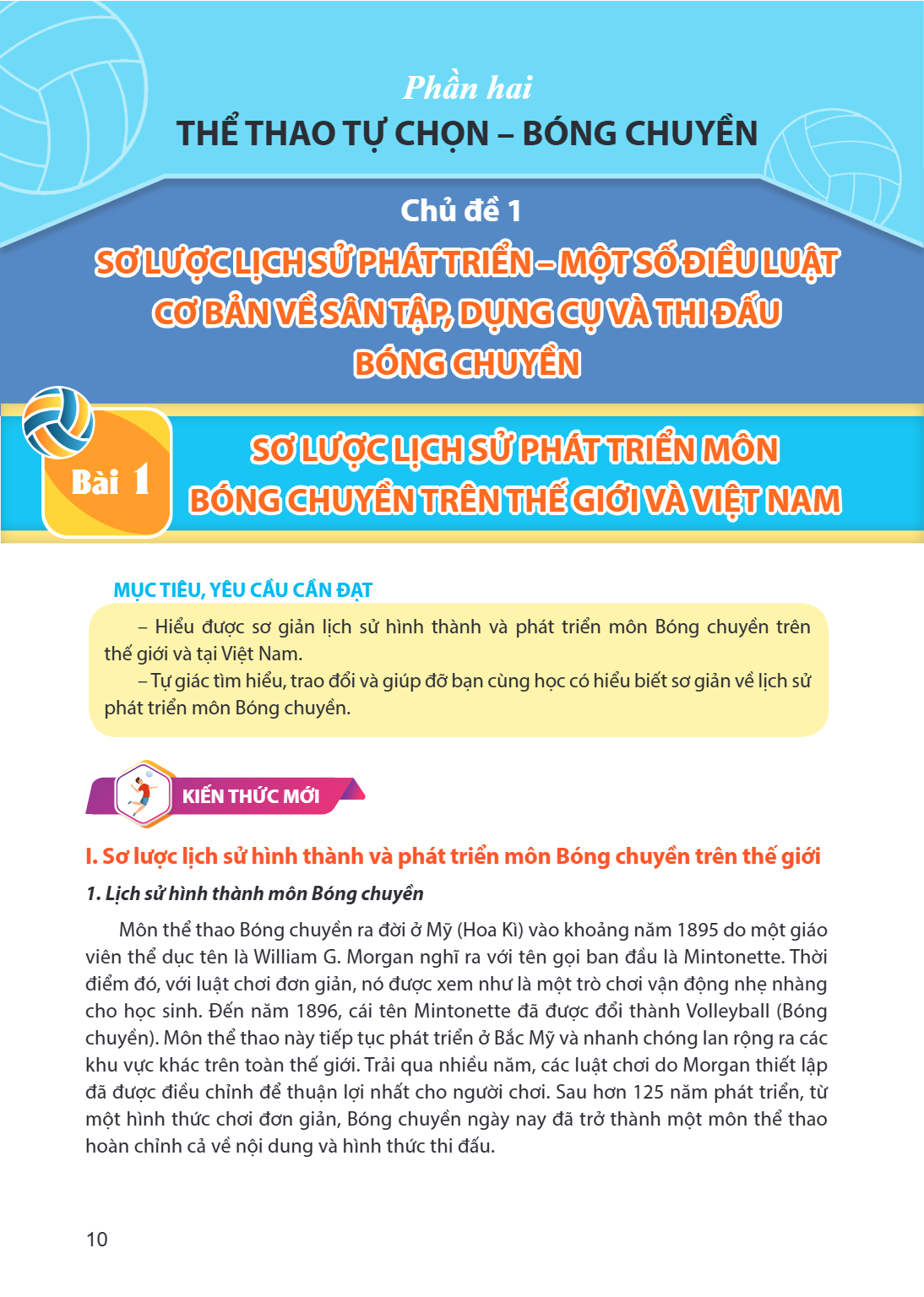 Chủ đề 1 SƠ LƯỢC LỊCH SỬ PHÁT TRIỂN – MỘT SỐ ĐIỀU LUẬT CƠ BẢN VỀ SÂN TẬP, DỤNG CỤ VÀ THI ĐẤU BÓNG CHUYỀN Bài 1. SƠ LƯỢC LỊCH SỬ PHÁT TRIỂN MÔN BÓNG CHUYỀN TRÊN 