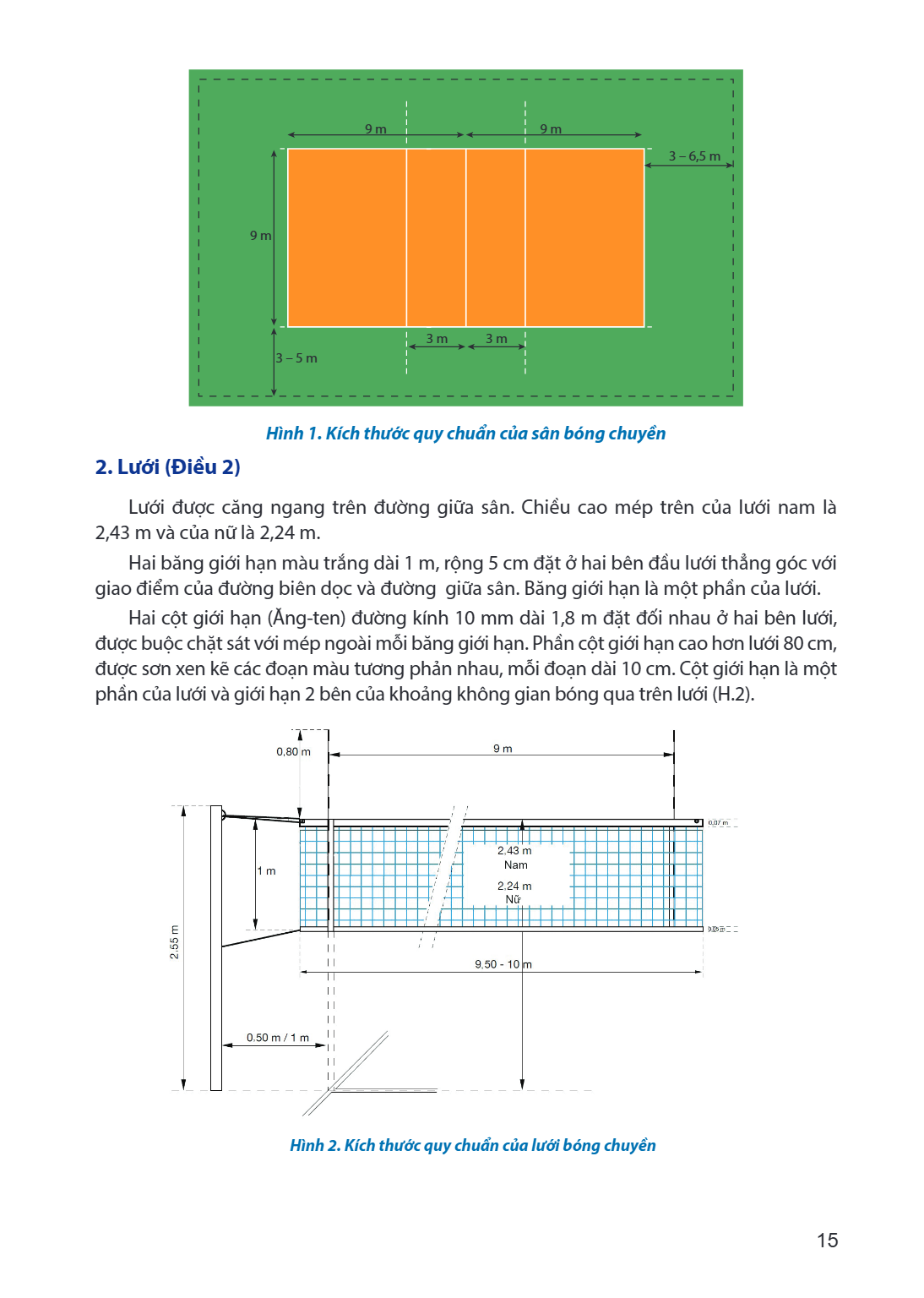 9 m 9 m 3 - 6,5 m 9 m 3 m 3 m 3 - 5 m Hình 1. Kích thước quy chuẩn của sân bóng chuyền 2. Lưới (Điều 2) Lưới được căng ngang trên đường giữa sân. Chiều cao mép 