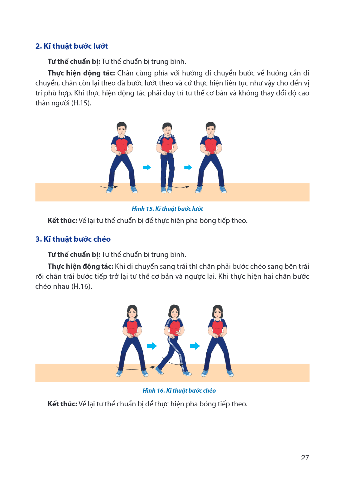 2. Kĩ thuật bước lướt Tư thế chuẩn bị: Tư thế chuẩn bị trung bình. Thực hiện động tác: Chân cùng phía với hướng di chuyển bước về hướng cần di chuyển, chân còn 
