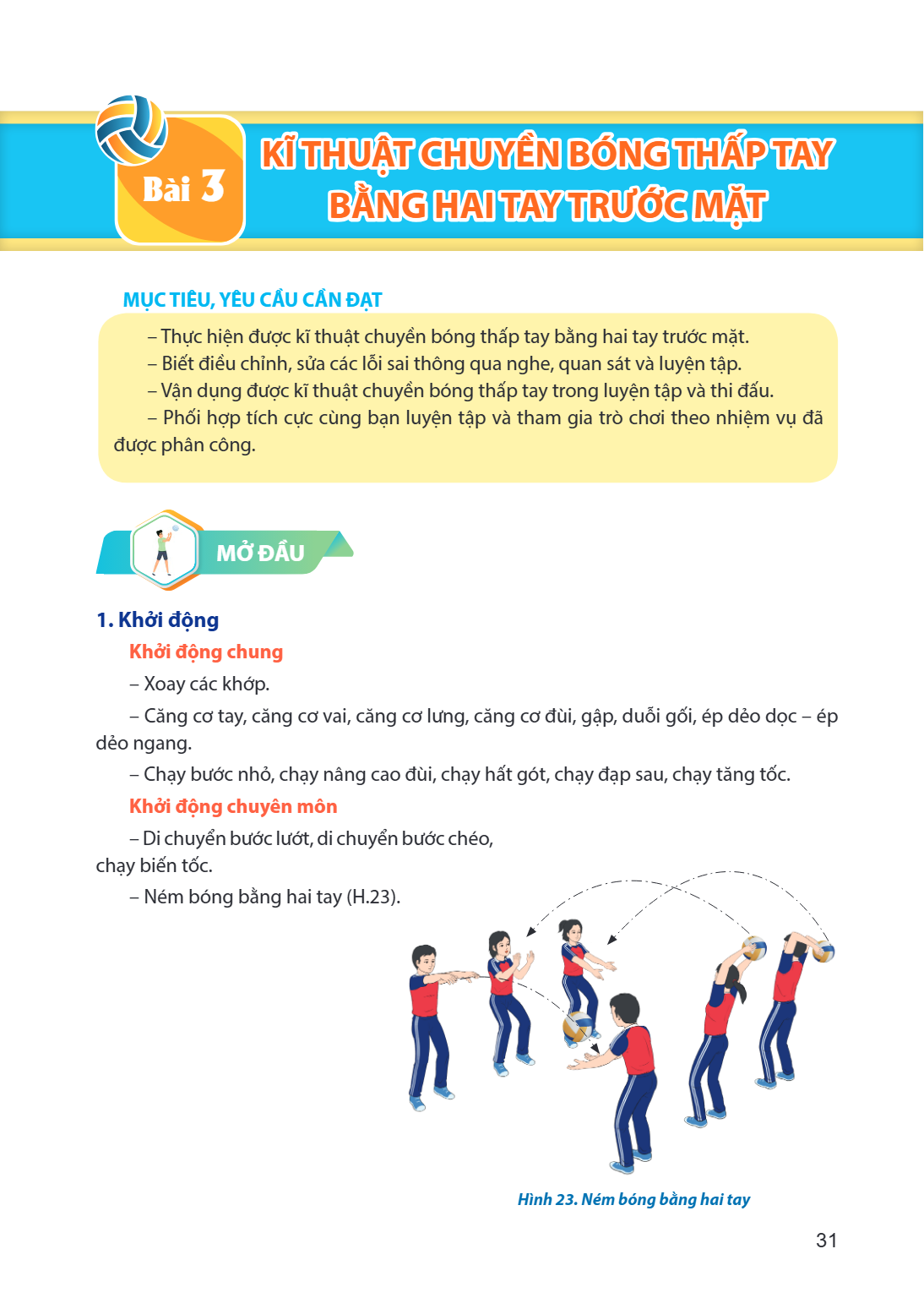 Bài 3. Kĩ thuật chuyền bóng thấp tay bằng hai tay trước mặt MỤC TIÊU, YÊU CẦU CẦN ĐẠT Thực hiện được kĩ thuật chuyền bóng thấp tay bằng hai tay trước mặt. Biết 