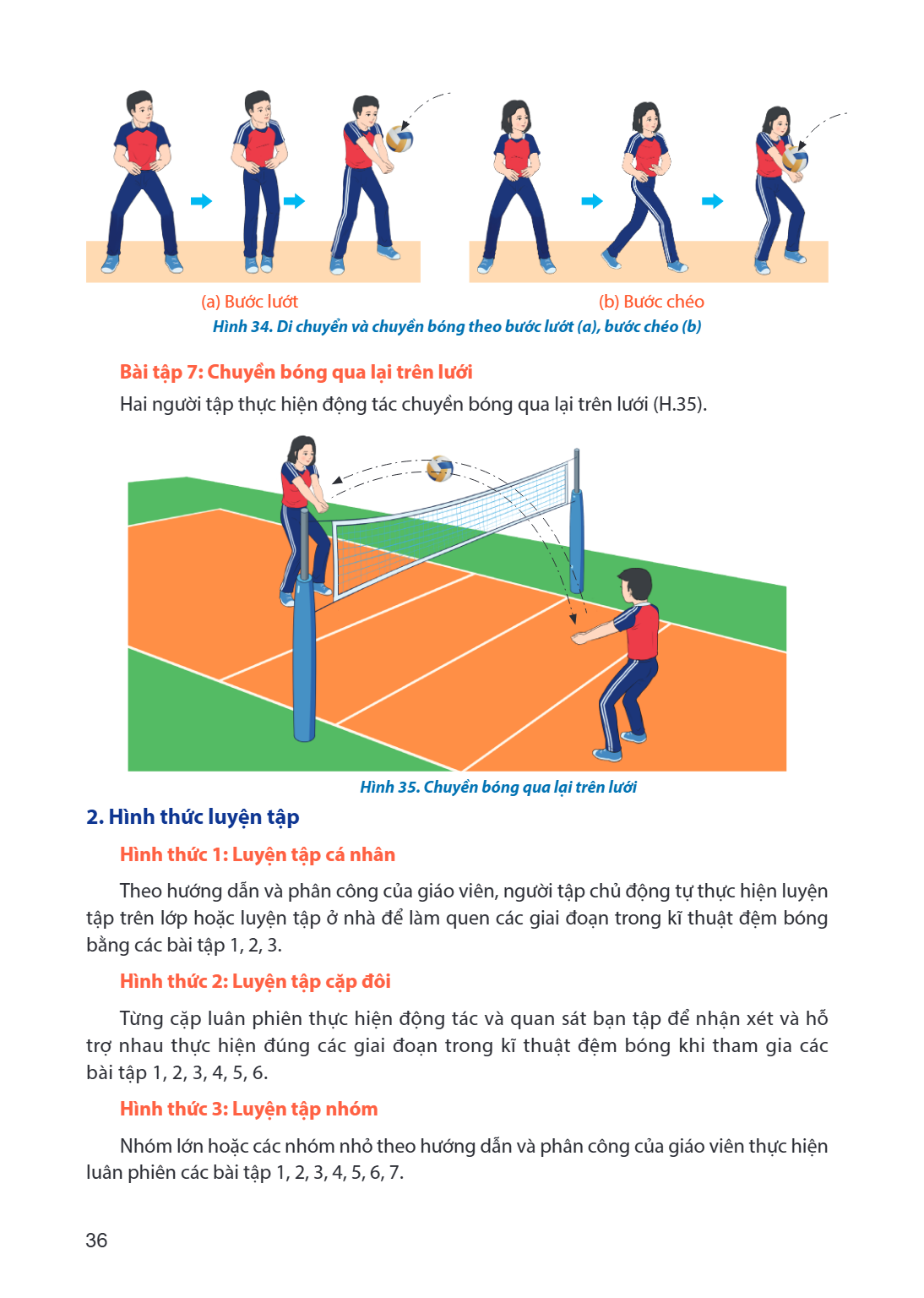 (a) Bước lướt (b) Bước chéo Hình 34. Di chuyển và chuyền bóng theo bước lướt (a), bước chéo (b) Bài tập 7: Chuyền bóng qua lại trên lưới Hai người tập thực hiện