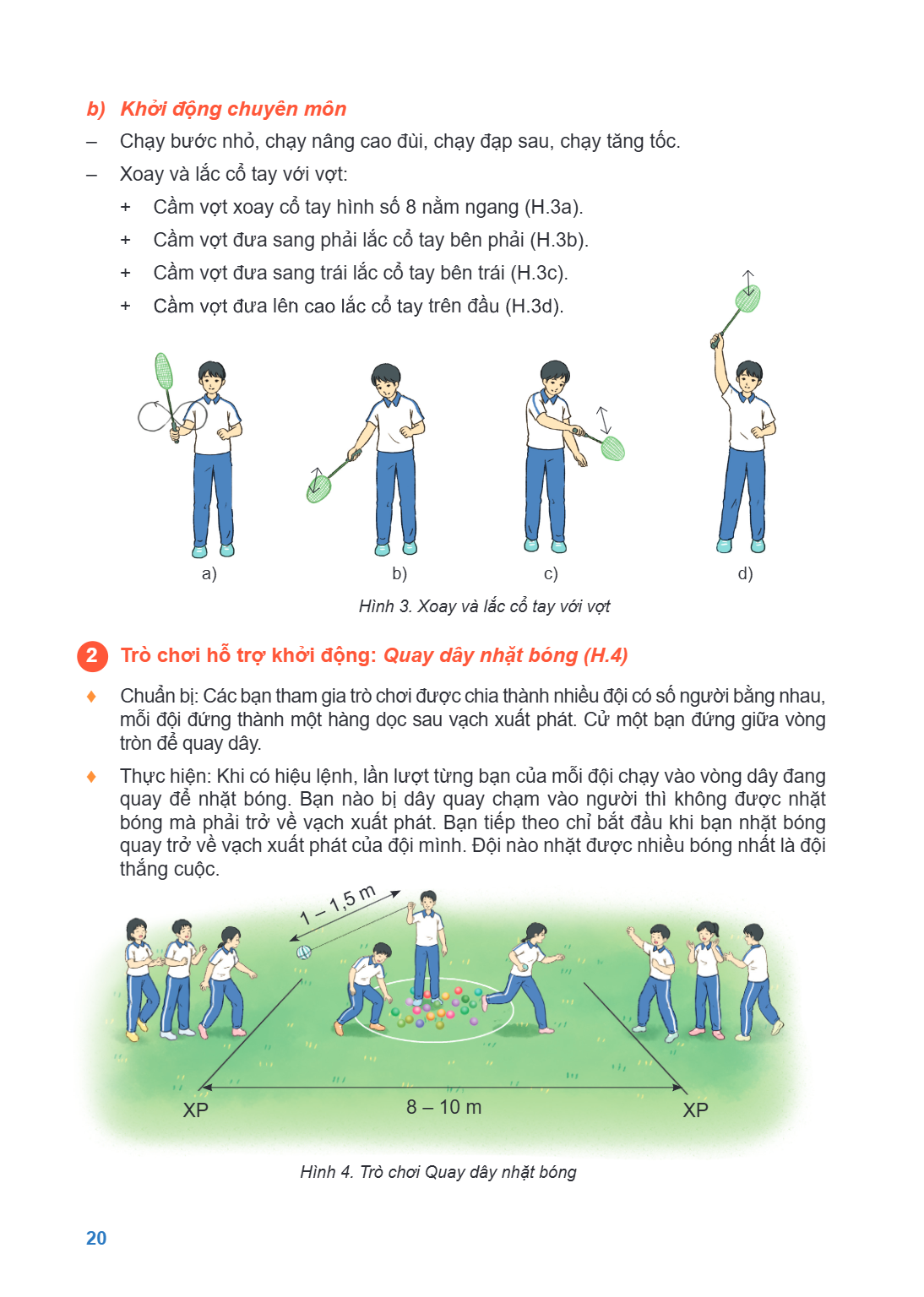 b) Khởi động chuyên môn Chạy bước nhỏ, chạy nâng cao đùi, chạy đạp sau, chạy tăng tốc. - Xoay và lắc cổ tay với vợt: Cầm vợt xoay cổ tay hình số 8 nằm ngang (H.