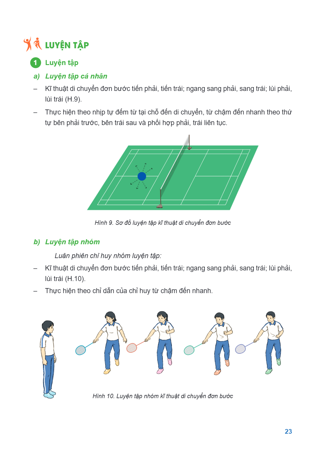 LUYỆN TẬP 1 Luyện tập a) Luyện tập cá nhân Kĩ thuật di chuyển đơn bước tiến phải, tiến trái; ngang sang phải, sang trái; lùi phải, lùi trái (H.9). - Thực hiện t