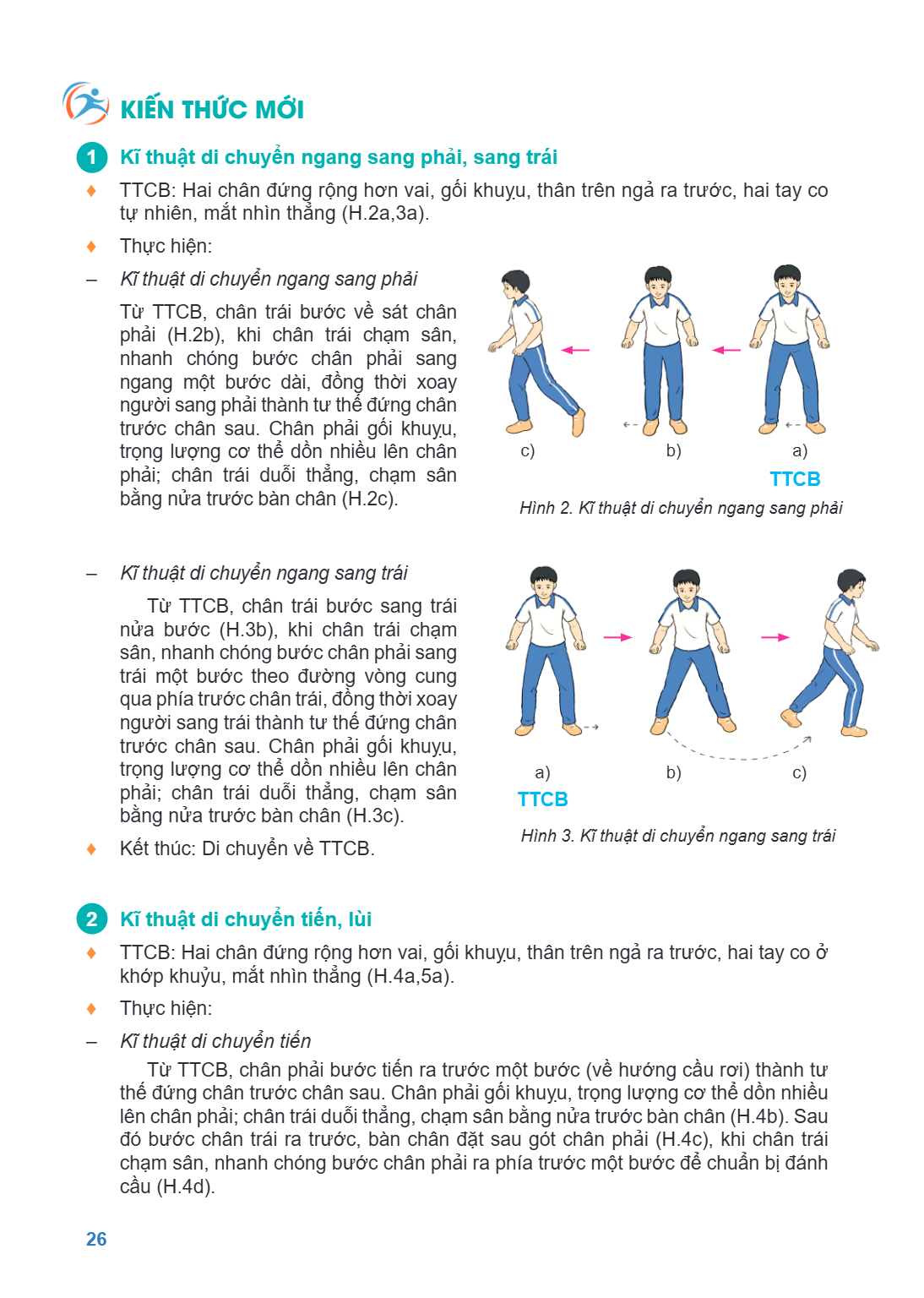 KIẾN THỨC MỚI 1 Kĩ thuật di chuyển ngang sang phải, sang trái ♦ TTCB: Hai chân đứng rộng hơn vai, gối khuỵu, thân trên ngả ra trước, hai tay co tự nhiên, mắt nh