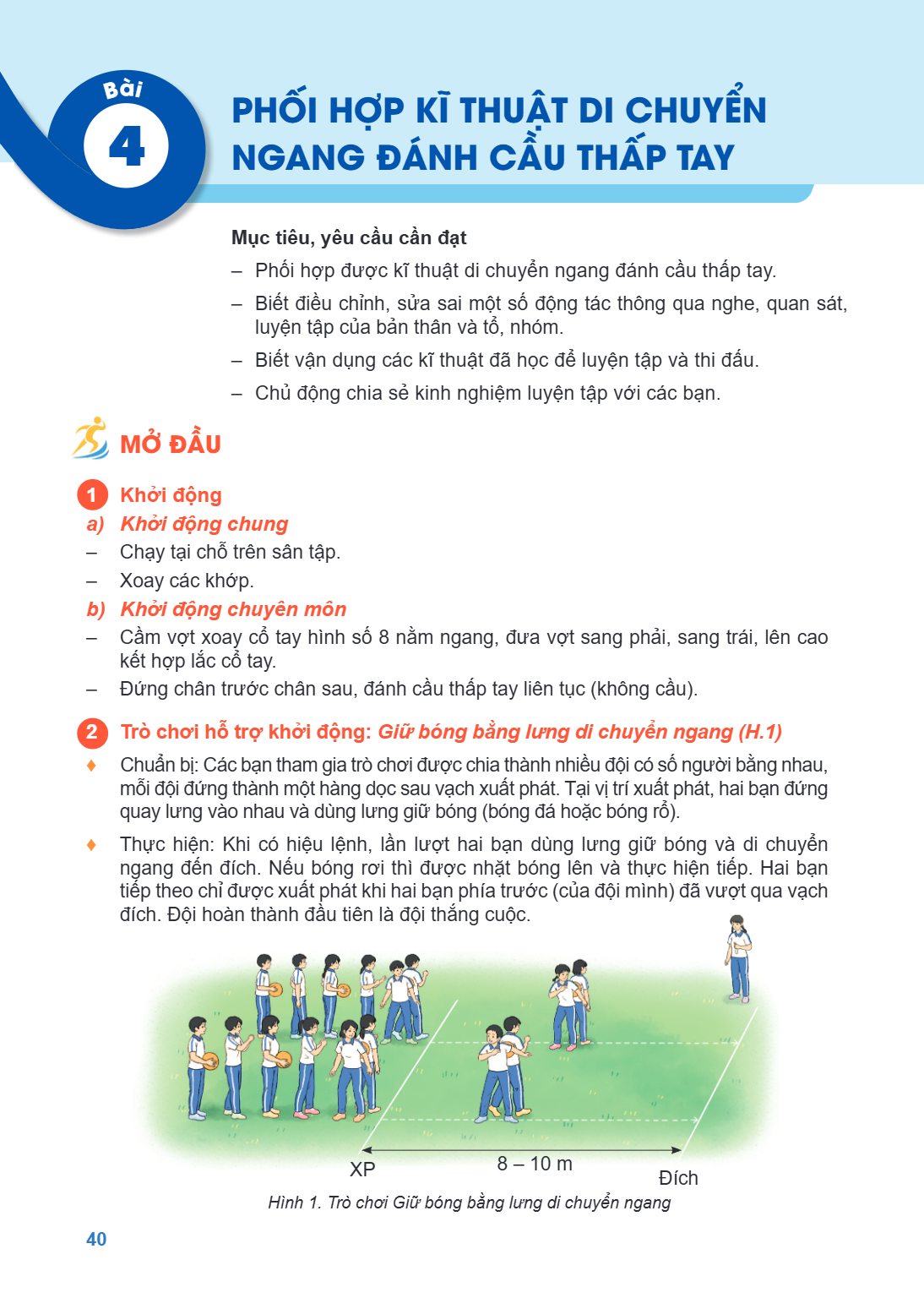 Bài 4. Phối hợp kĩ thuật di chuyển ngang đánh cầu thấp tay Mục tiêu, yêu cầu cần đạt – Phối hợp được kĩ thuật di chuyển ngang đánh cầu thấp tay. – Biết điều chỉ