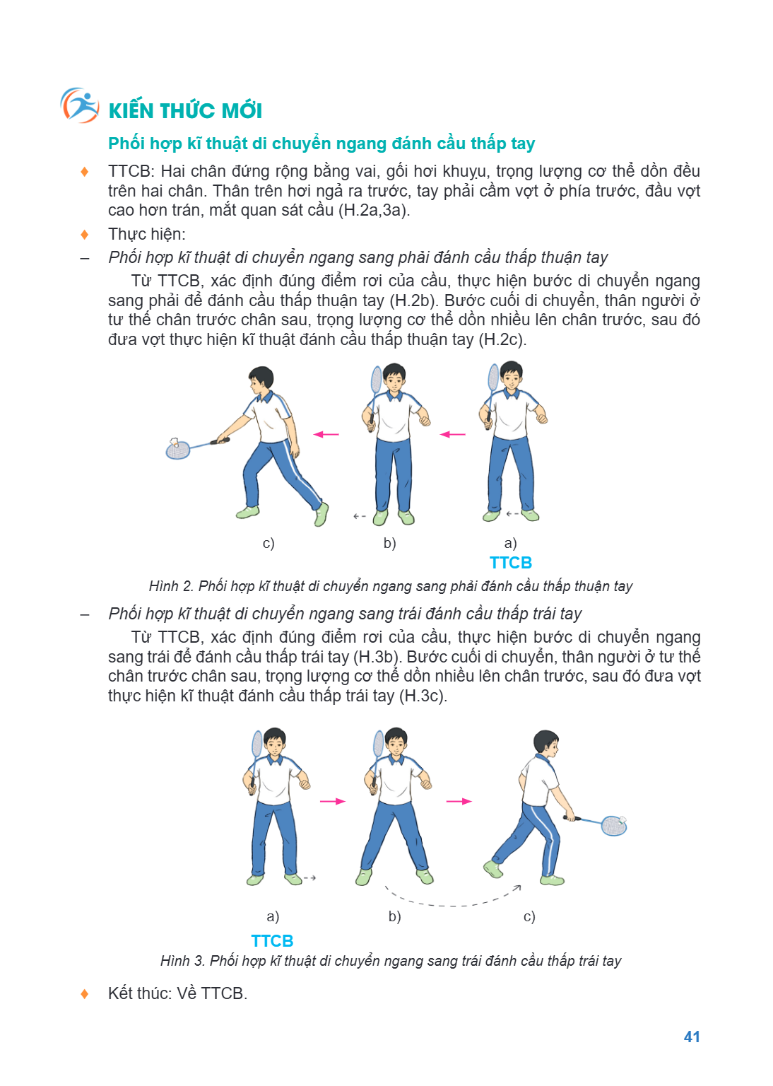 KIẾN THỨC MỚI Phối hợp kĩ thuật di chuyển ngang đánh cầu thấp tay ♦ TTCB: Hai chân đứng rộng bằng vai, gối hơi khuỵu, trọng lượng cơ thể dồn đều trên hai chân. 