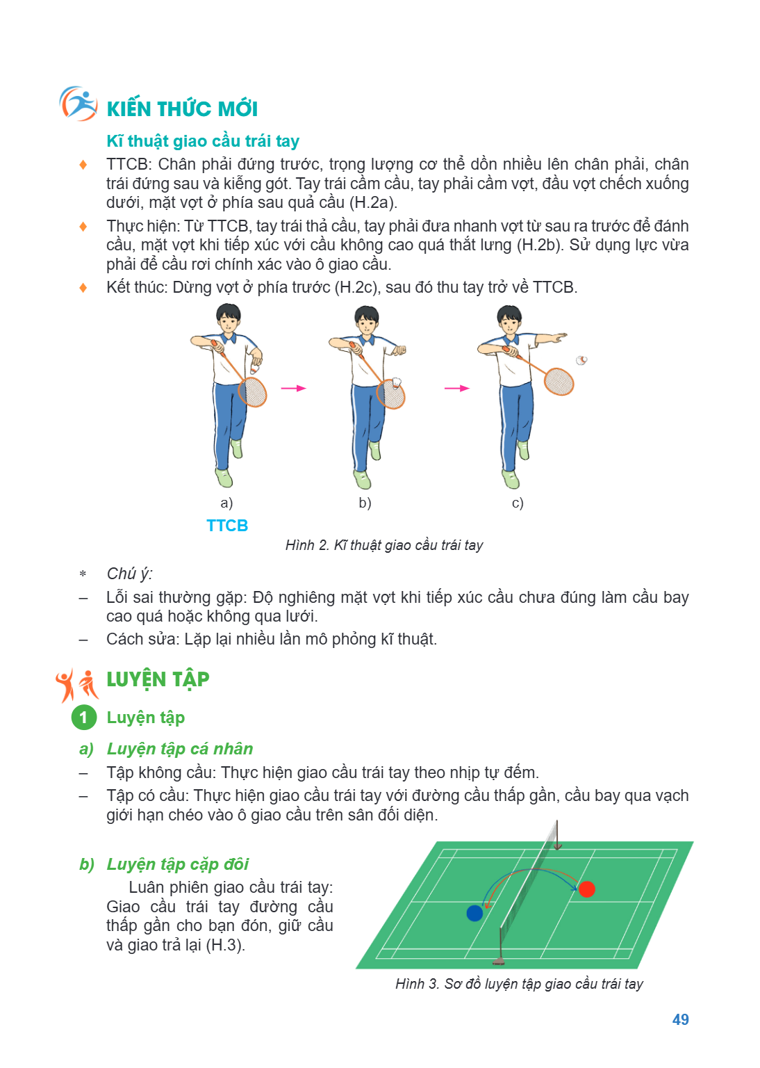 KIẾN THỨC MỚI Kĩ thuật giao cầu trái tay ♦ TTCB: Chân phải đứng trước, trọng lượng cơ thể dồn nhiều lên chân phải, chân trái đứng sau và kiễng gót. Tay trái cầm