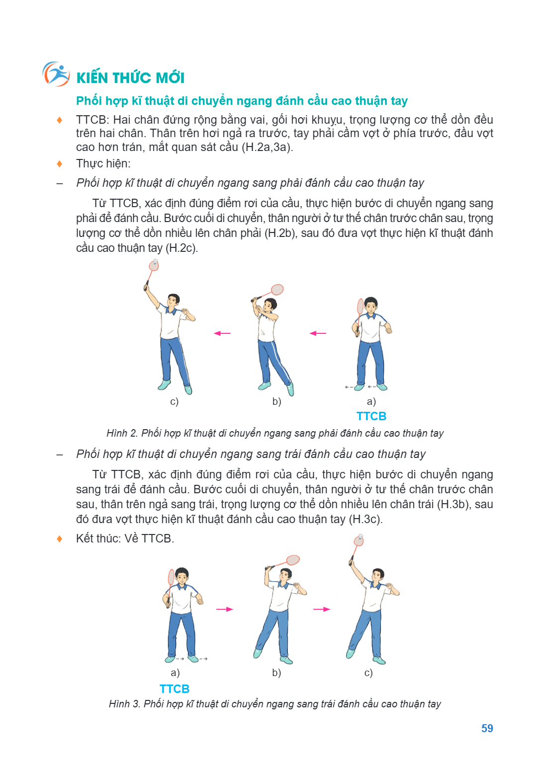 KIẾN THỨC MỚI Phối hợp kĩ thuật di chuyển ngang đánh cầu cao thuận tay ♦ TTCB: Hai chân đứng rộng bằng vai, gối hơi khuỵu, trọng lượng cơ thể dồn đều trên hai c
