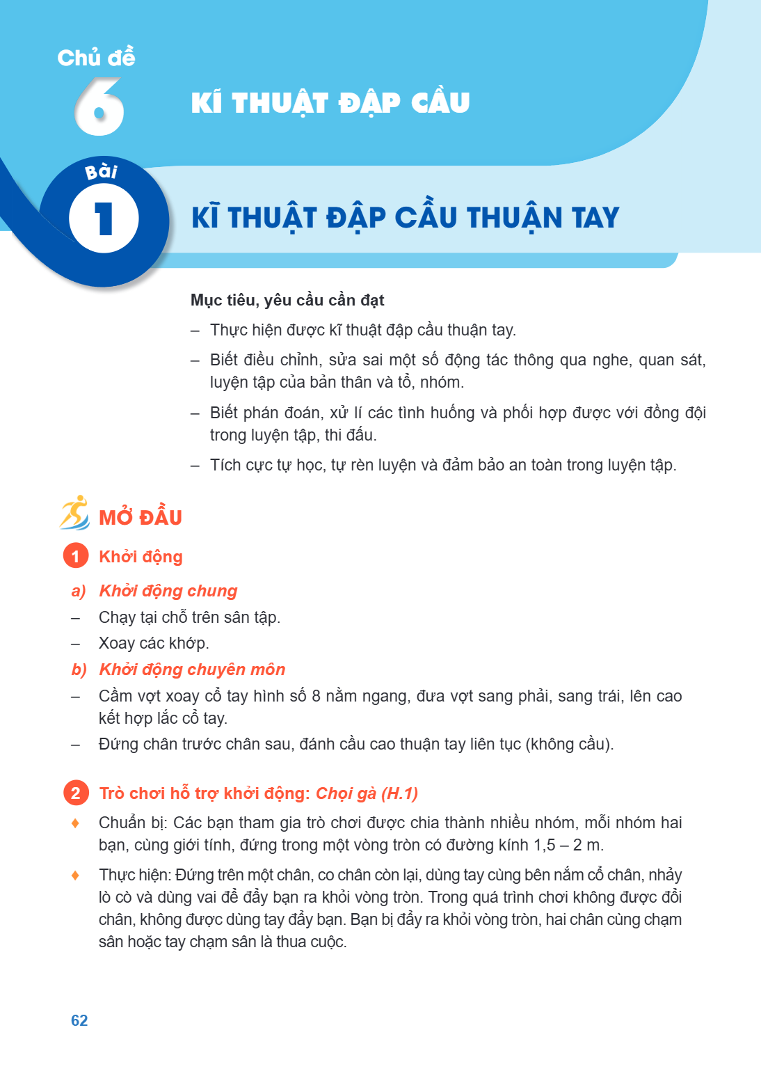 Chủ đề 6. KĨ THUẬT ĐẬP CẦU Bài 1. KĨ THUẬT ĐẬP CẦU THUẬN TAY Mục tiêu, yêu cầu cần đạt Thực hiện được kĩ thuật đập cầu thuận tay. Biết điều chỉnh, sửa sai một s