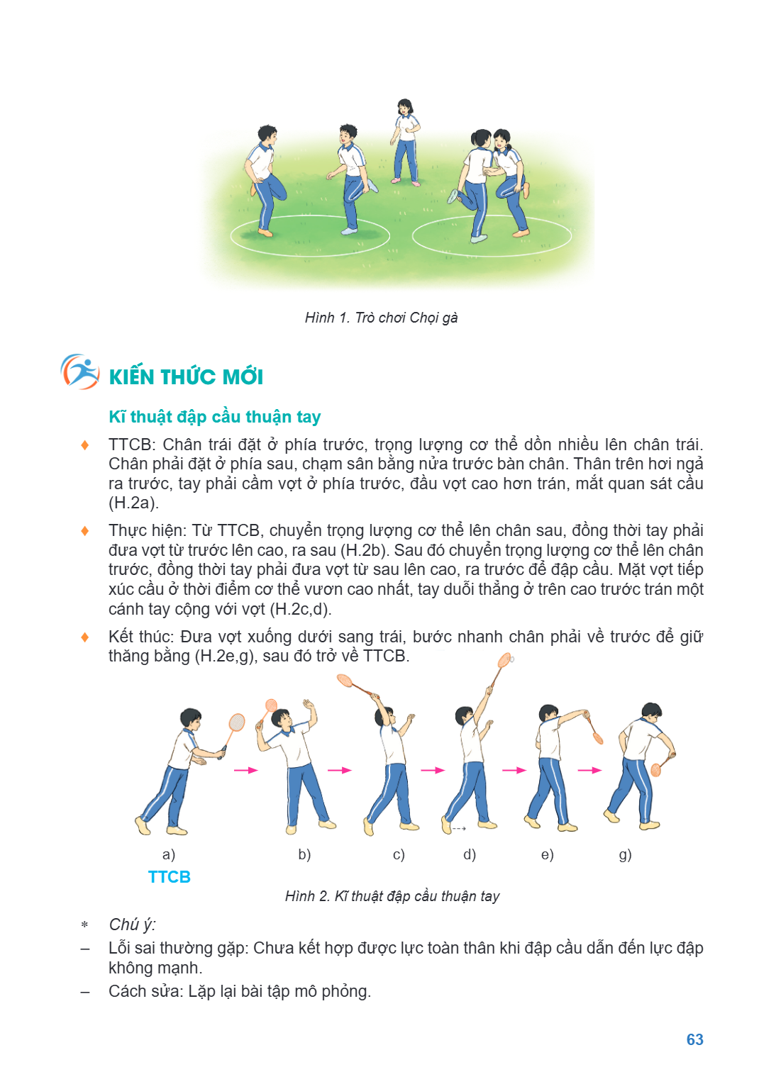 Hình 1. Trò chơi Chọi gà KIẾN THỨC MỚI Kĩ thuật đập cầu thuận tay ♦ TTCB: Chân trái đặt ở phía trước, trọng lượng cơ thể dồn nhiều lên chân trái. Chân phải đặt 