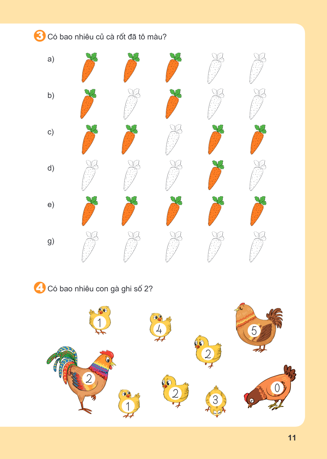 3. Có bao nhiêu củ cà rốt đã tô màu? a) b) c) d) e) g) 4. Có bao nhiêu con gà ghi số 2?
