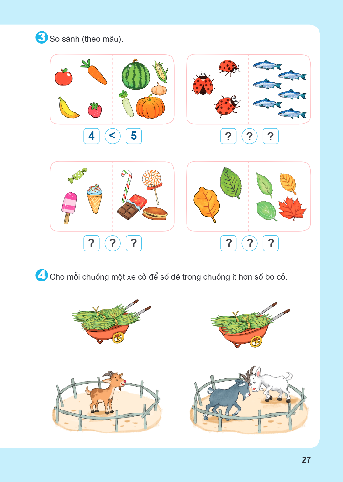 3. So sánh (theo mẫu). 4 < 5 ? ? ? ? ? ? ? ? ? 4. Cho mỗi chuồng một xe cỏ để số dê trong chuồng ít hơn số bó cỏ.