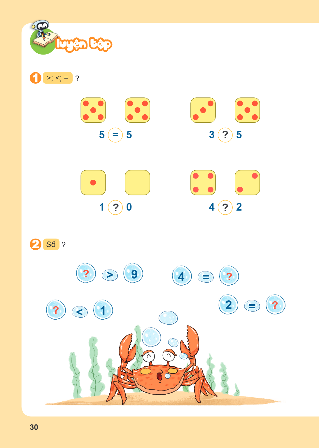 LUYỆN TẬP 1. >; <; = ? 5 = 5 3 ? 5 1 ? 0 4 ? 2 2. Số ? ? > 9 4 = ? ? < 1 2 = ?