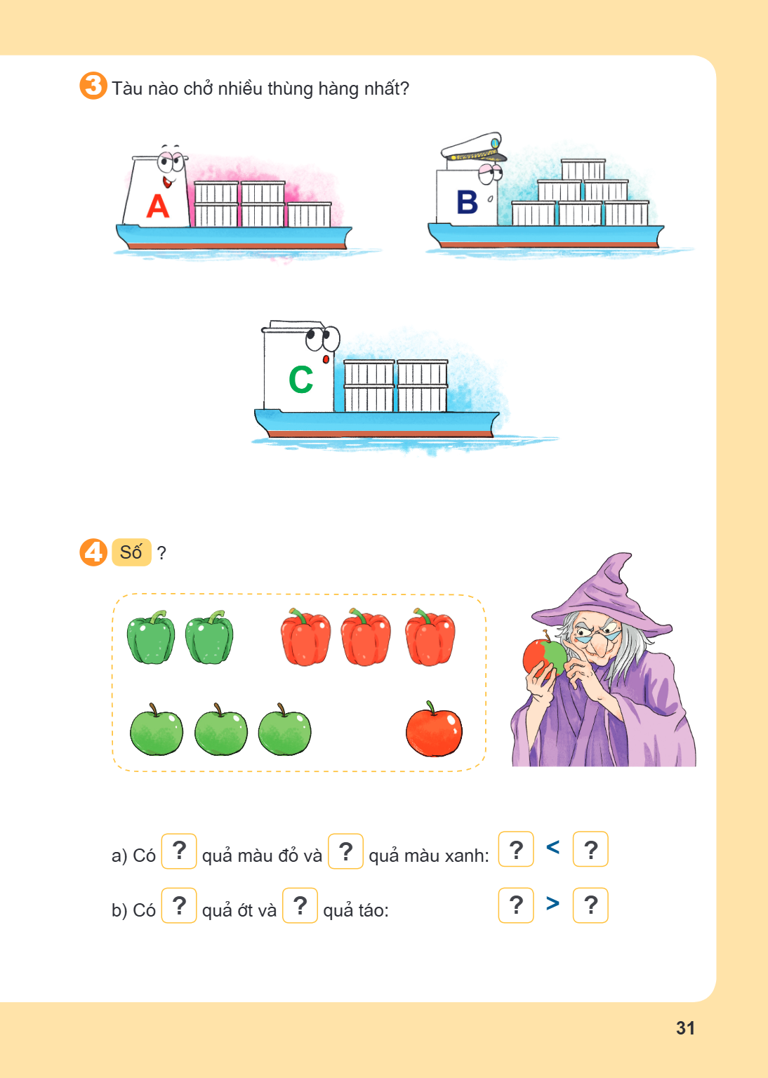 3. Tàu nào chở nhiều thùng hàng nhất? 4. Số ? a) Có ? quả màu đỏ và ? quả màu xanh: ? < ? b) Có ? quả ớt và ? quả táo: ? > ?