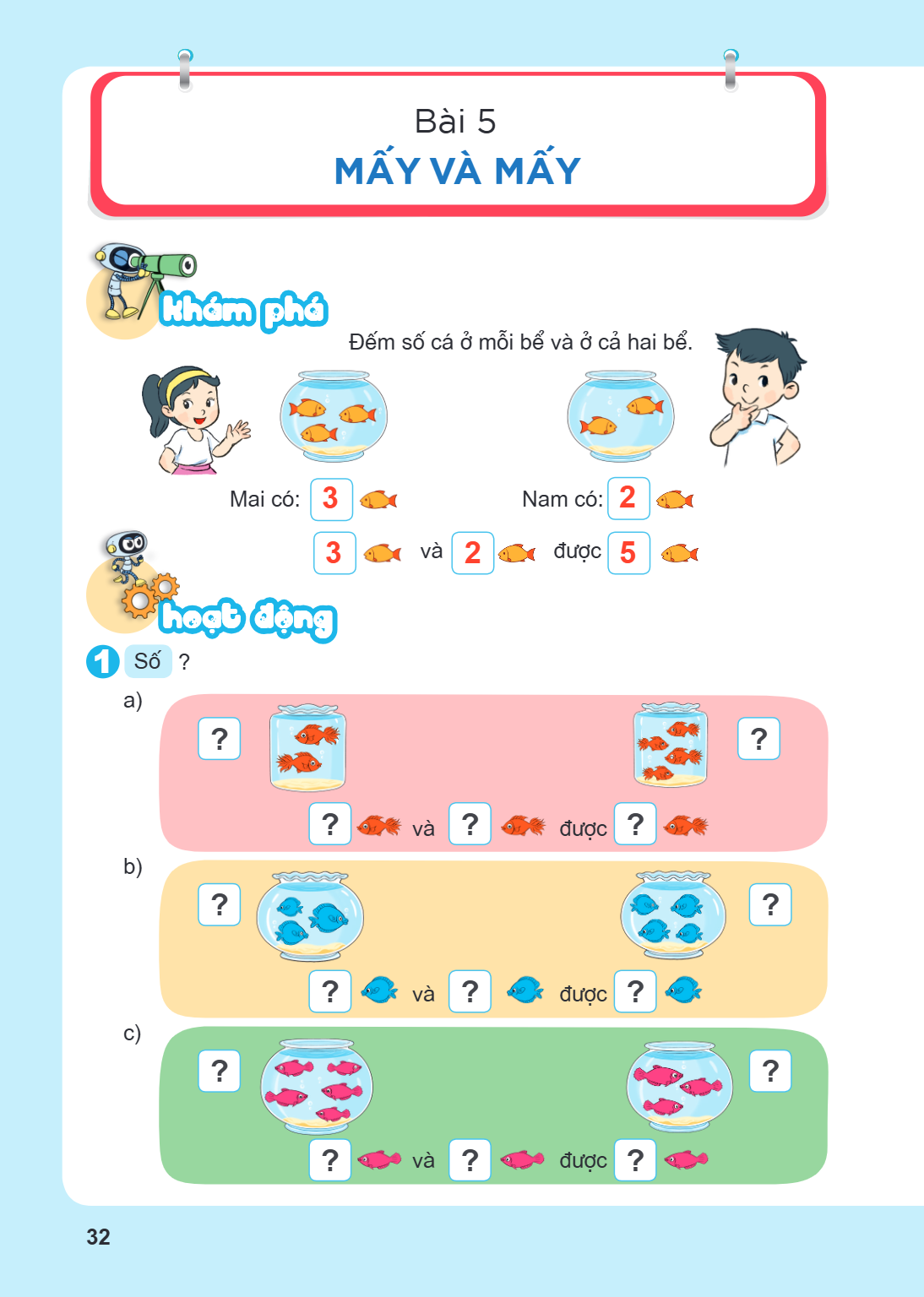 Bài 5. Mấy và mấy Khám phá Đếm số cá ở mỗi bể và ở cả hai bể. Mai có: 3 🐟 Nam có: 2 🐟 3 🐟 và 2 🐟 được 5 🐟 Hoạt động 1 Số ? a) ? 🐠 và ? 🐠 được ? 🐠 b) ? 🐡 và ? 🐡 