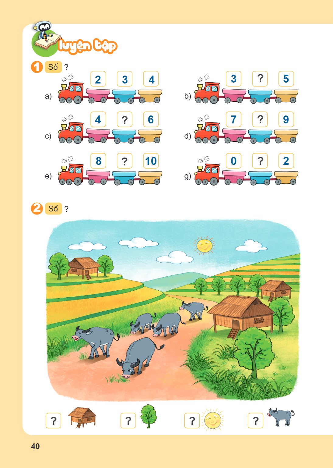 LUYỆN TẬP Số ? a) 2 3 4 b) 3 ? 5 c) 4 ? 6 d) 7 ? 9 e) 8 ? 10 g) 0 ? 2 Số ? ? 🏠 ? 🌳 ? ️ ? 🐃