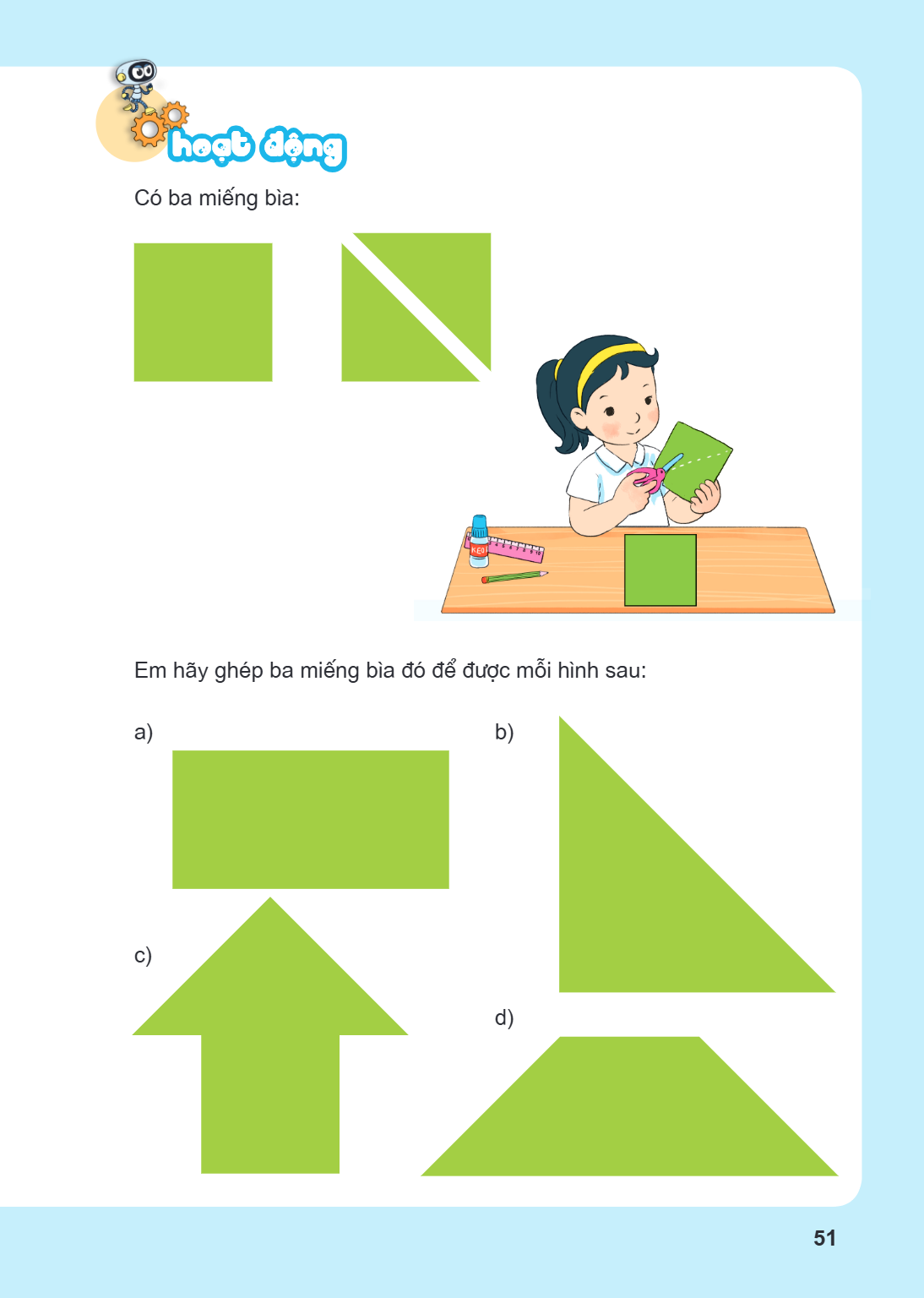 Hoạt động Có ba miếng bìa: Em hãy ghép ba miếng bìa đó để được mỗi hình sau: a) b) c) d)