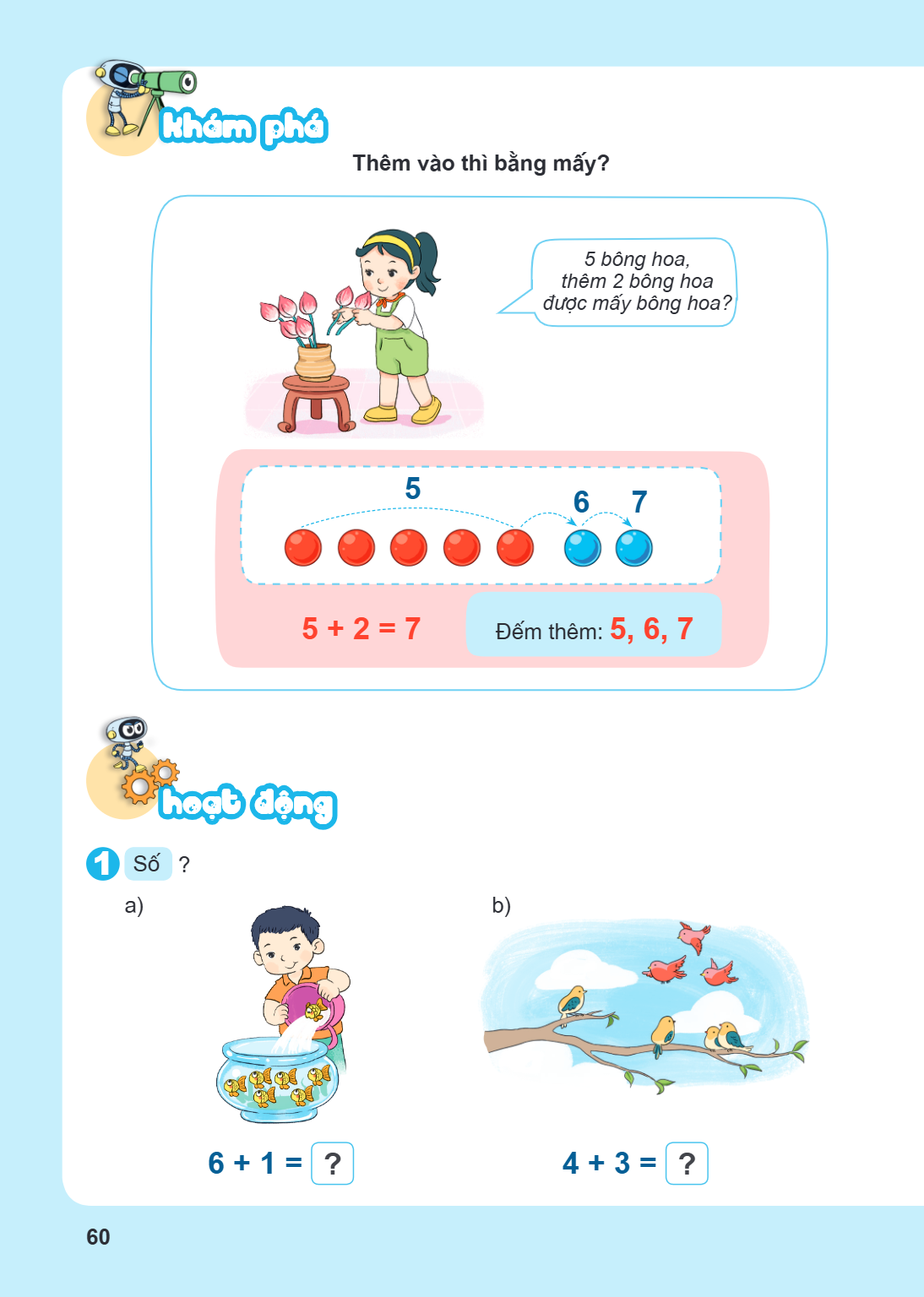 Khám phá Thêm vào thì bằng mấy? 5 bông hoa, thêm 2 bông hoa được mấy bông hoa? $5 + 2 = 7$ Đếm thêm: $5, 6, 7$ hoạt động 1 Số ? a) $6 + 1 = ?$ b) $4 + 3 = ?$
