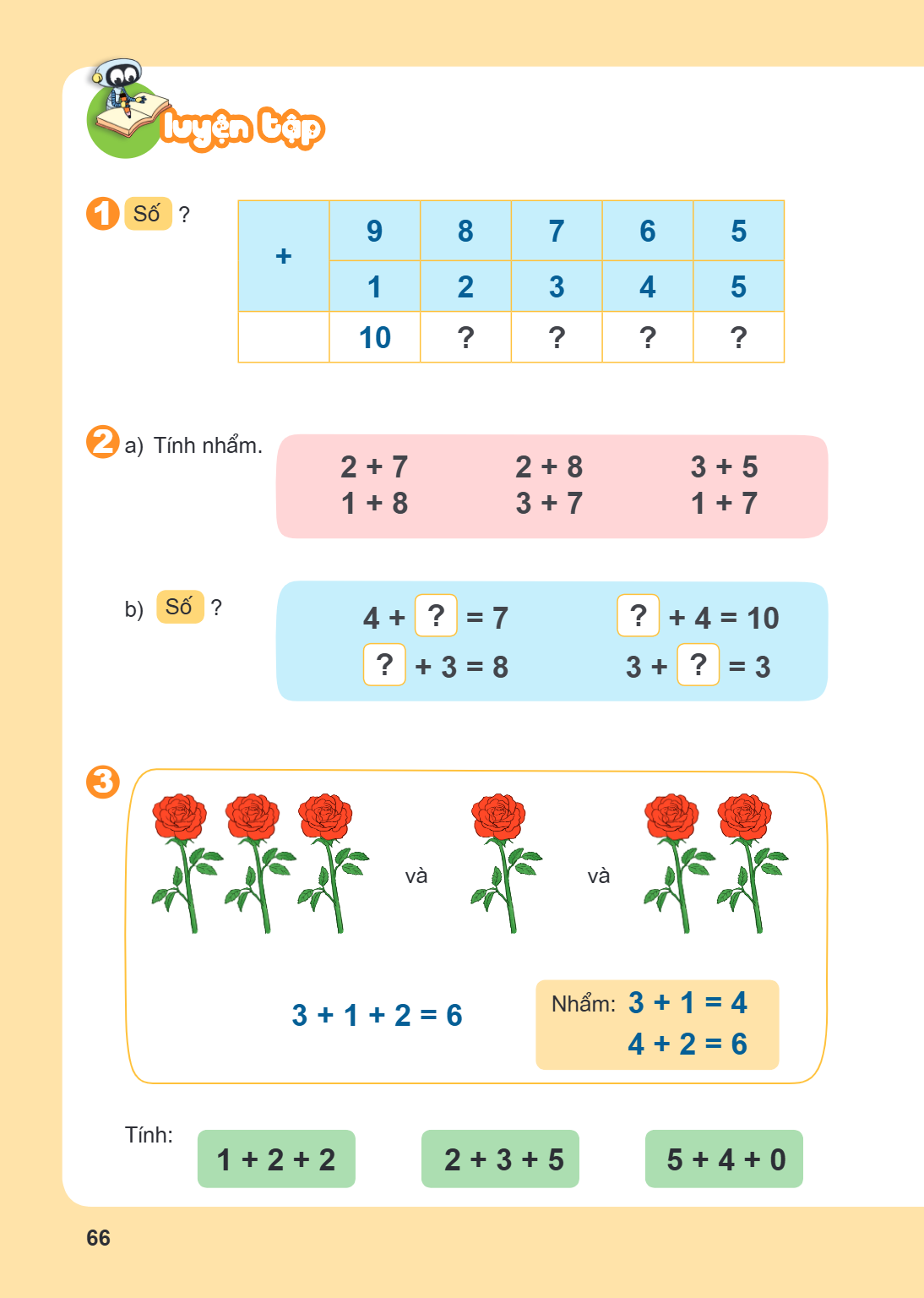 Luyện tập Số ? +, 9, 8, 7, 6, 5 1, 2, 3, 4, 5 10, ?, ?, ?, ? a) Tính nhẩm. $2 + 7 \quad\quad 2 + 8 \quad\quad 3 + 5$ $1 + 8 \quad\quad 3 + 7 \quad\quad 1 + 7$ b
