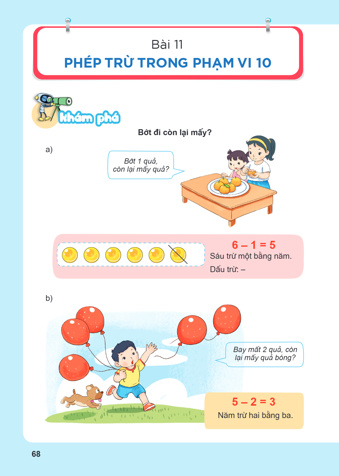Bài 11. Phép trừ trong phạm vi 10 PHÉP TRỪ TRONG PHẠM VI 10 Khám phá Bớt đi còn lại mấy? a) Bớt 1 quả, còn lại mấy quả? $6 - 1 = 5$ Sáu trừ một bằng năm. Dấu tr