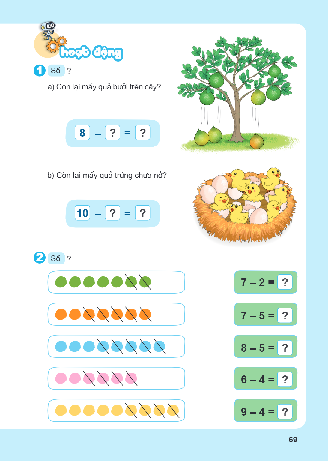 Hoạt động 1 Số ? a) Còn lại mấy quả bưởi trên cây? $8 - ? = ?$ b) Còn lại mấy quả trứng chưa nở? $10 - ? = ?$ 2 Số ? $7 - 2 = ?$ $7 - 5 = ?$ $8 - 5 = ?$ $6 - 4 