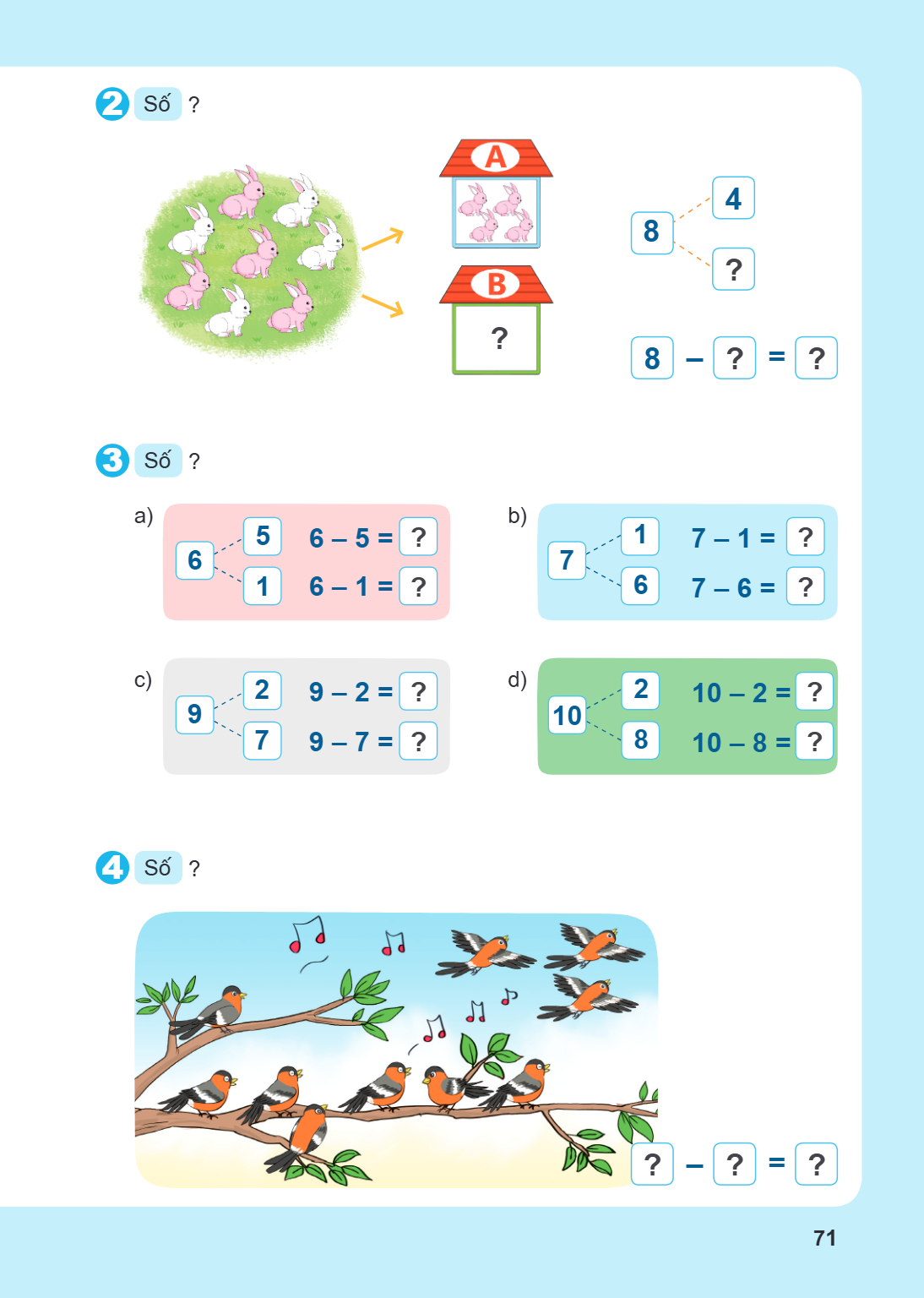 2. Số ? A: 4; B: ? $8 - ? = ?$ 3. Số ? a) 6 chia thành 5 và 1 $6 - 5 = ?$ $6 - 1 = ?$ b) 7 chia thành 1 và 6 $7 - 1 = ?$ $7 - 6 = ?$ c) 9 chia thành 2 và 7 $9 -