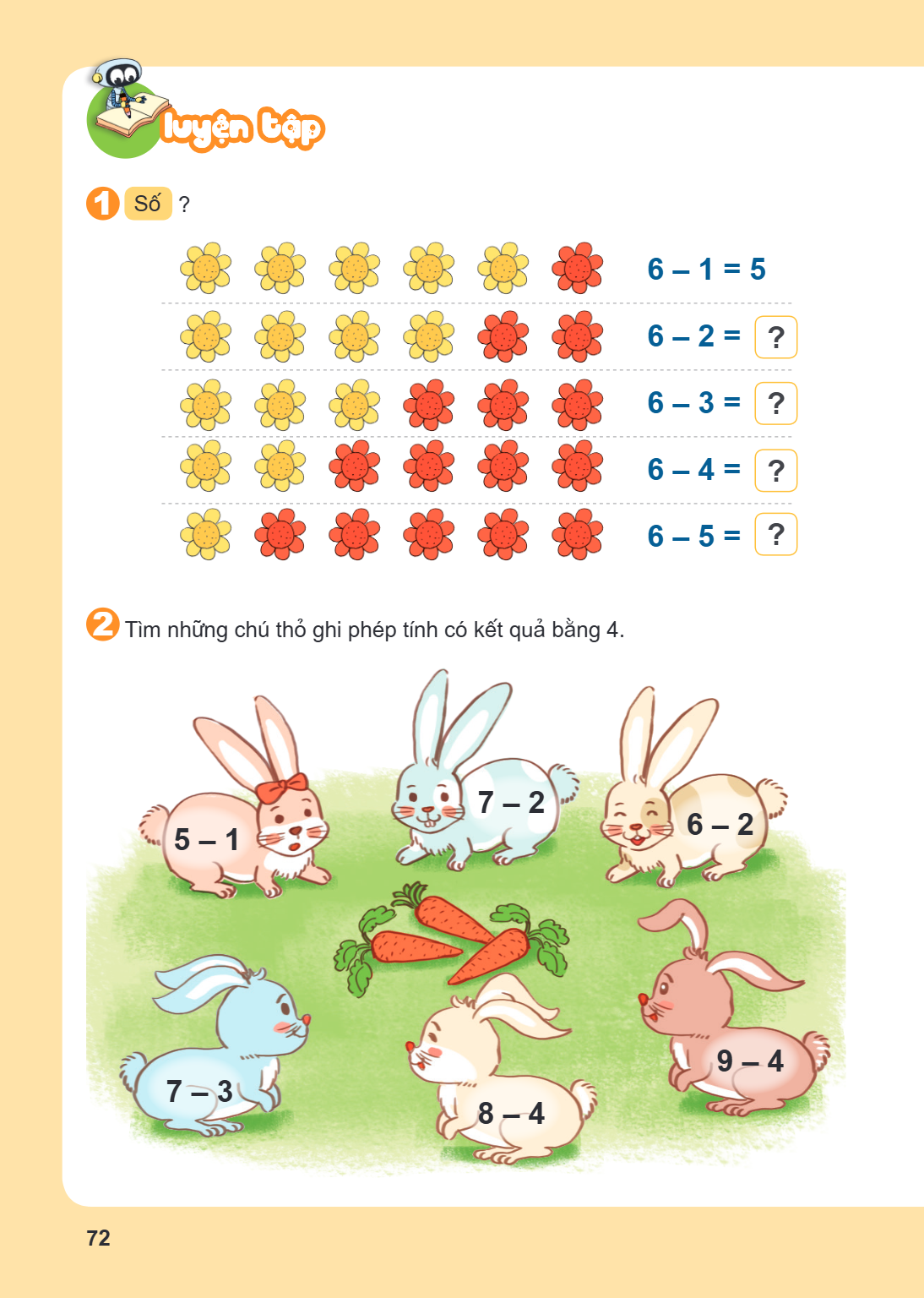 LUYỆN TẬP 1. Số ? $6 - 1 = 5$ $6 - 2 = \boxed{?}$ $6 - 3 = \boxed{?}$ $6 - 4 = \boxed{?}$ $6 - 5 = \boxed{?}$ 2. Tìm những chú thỏ ghi phép tính có kết quả bằng