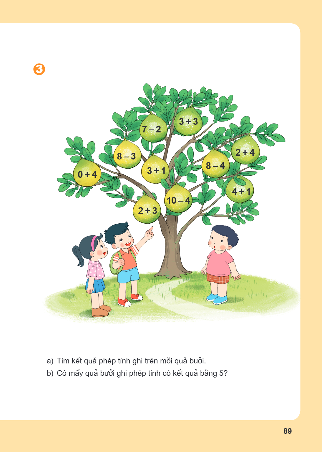 3. a) Tìm kết quả phép tính ghi trên mỗi quả bưởi. b) Có mấy quả bưởi ghi phép tính có kết quả bằng 5?