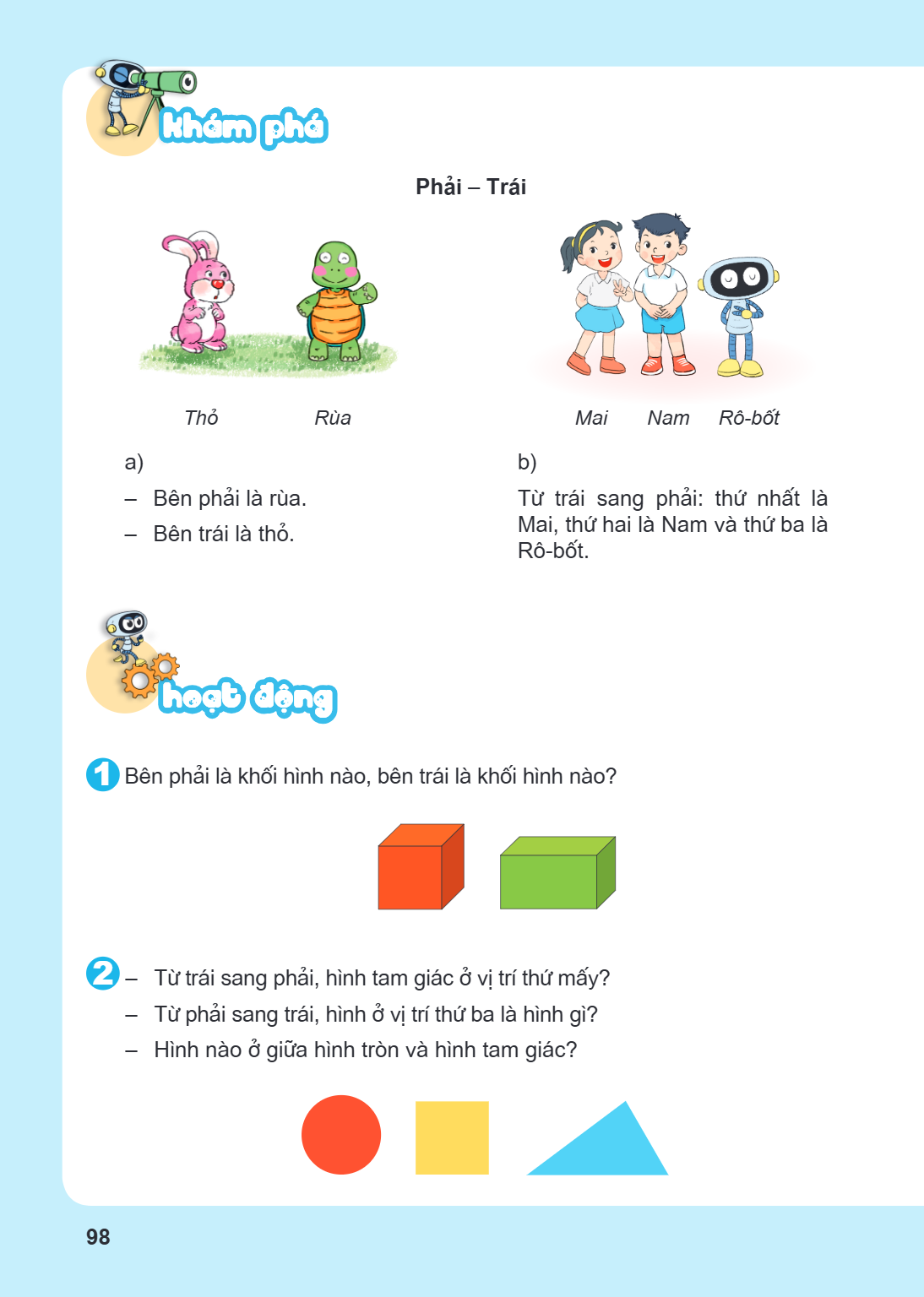 Khám phá Phải – Trái Thỏ Rùa Mai Nam Rô-bốt a) – Bên phải là rùa. – Bên trái là thỏ. b) Từ trái sang phải: thứ nhất là Mai, thứ hai là Nam và thứ ba là Rô-bốt. 