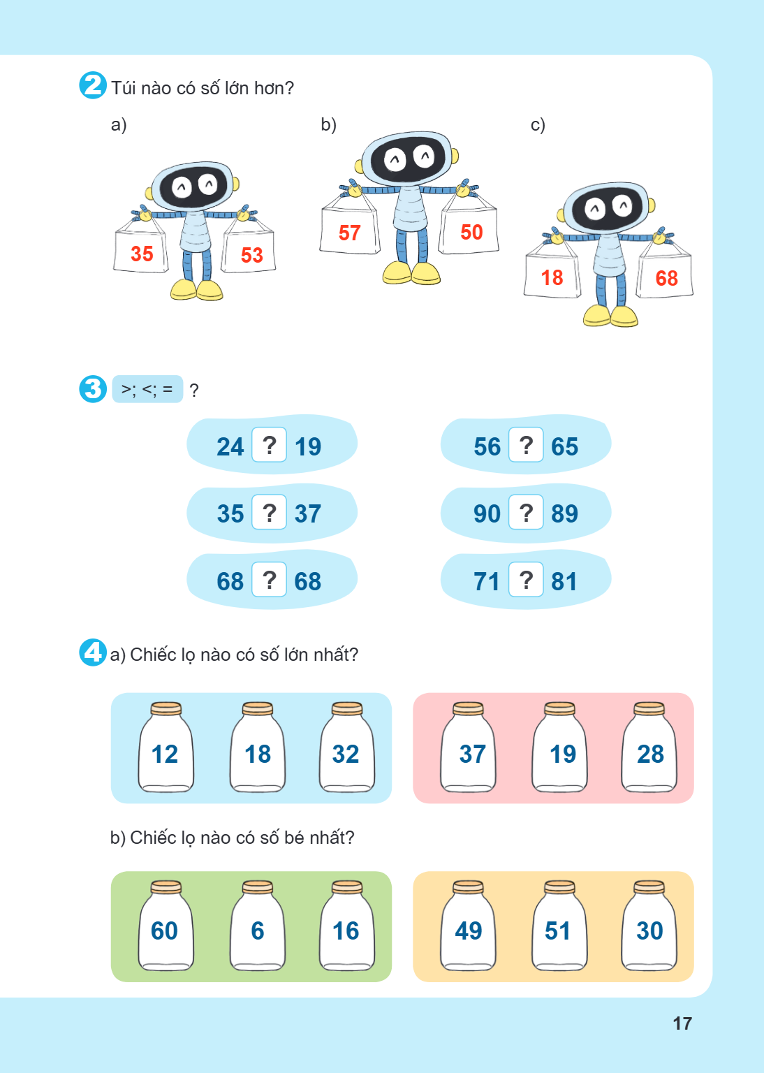 2. Túi nào có số lớn hơn? a) b) c) 3. >; <; = ? 24 ? 19, 56 ? 65 35 ? 37, 90 ? 89 68 ? 68, 71 ? 81 4. a) Chiếc lọ nào có số lớn nhất? b) Chiếc lọ nào có số bé n