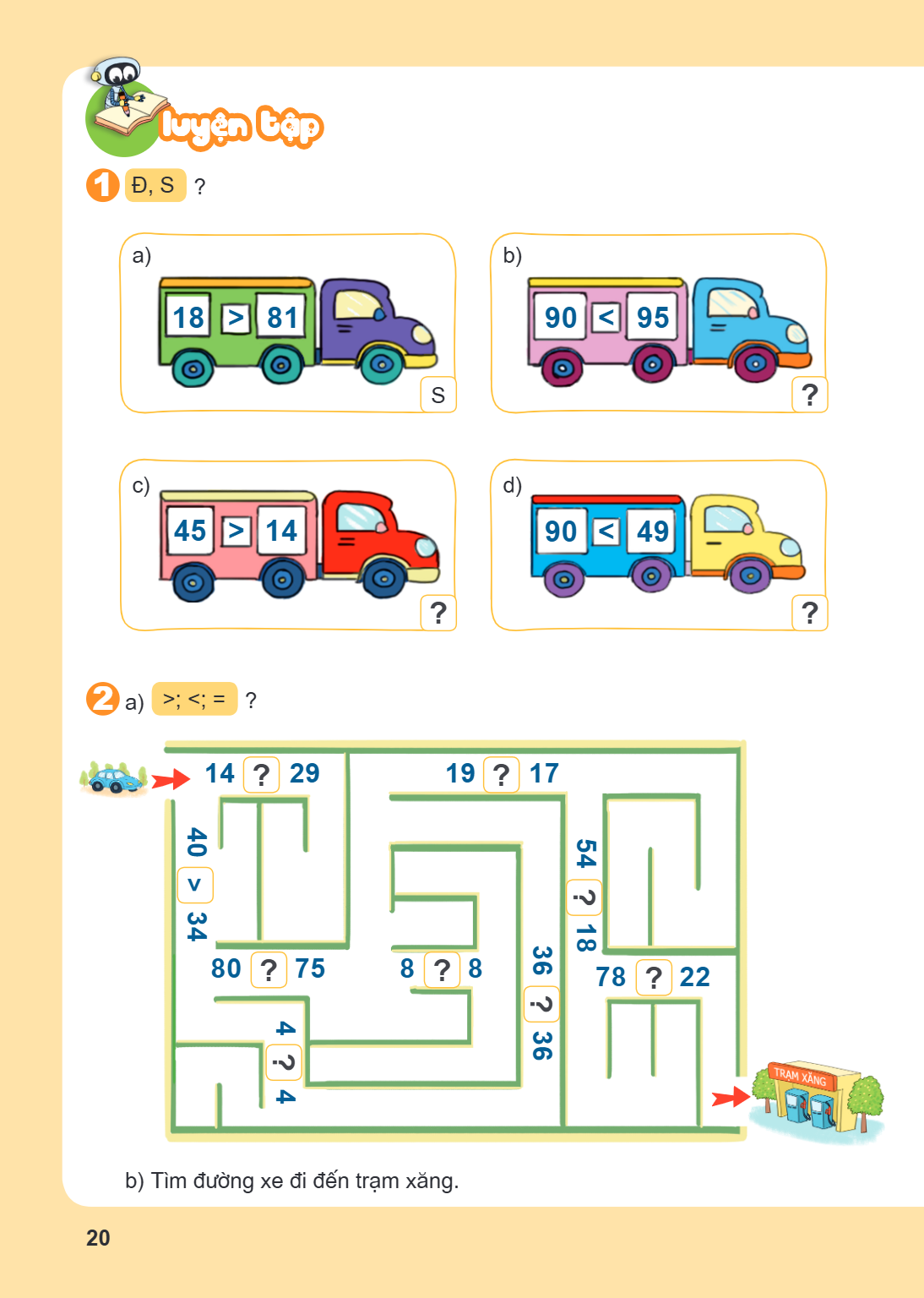 LUYỆN TẬP 1 Đ, S ? a) S b) ? c) ? d) ? 2 a) $>$; $<$; $=$ ? b) Tìm đường xe đi đến trạm xăng.