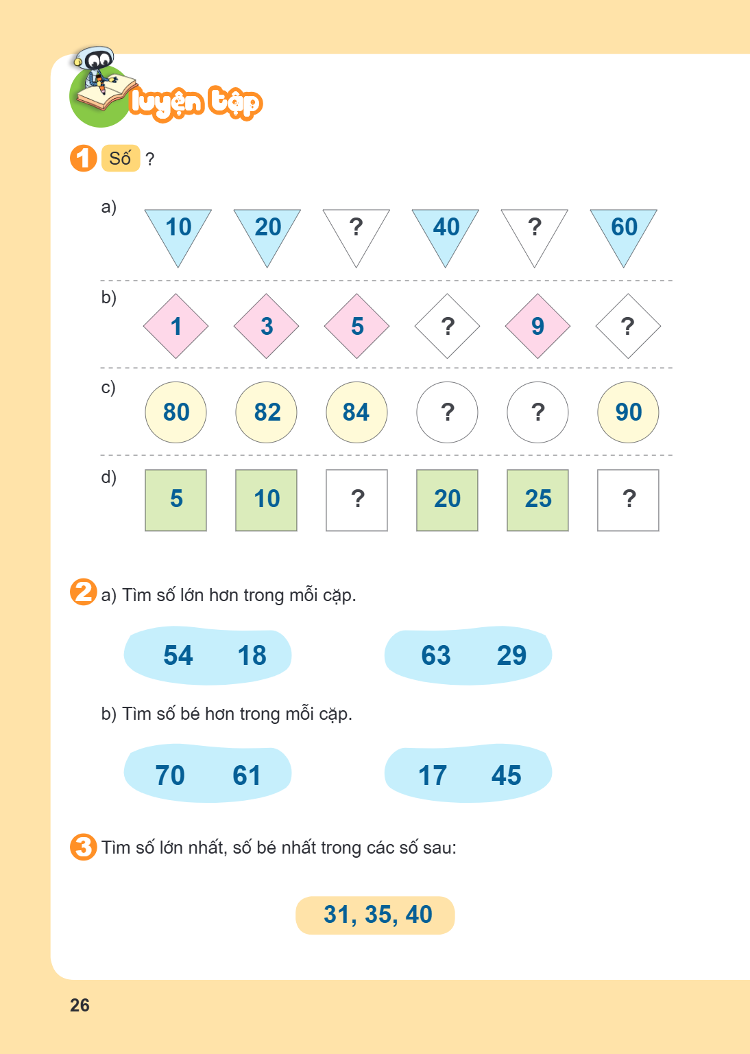 LUYỆN TẬP 1 Số ? a) 10 20 ? 40 ? 60 b) 1 3 5 ? 9 ? c) 80 82 84 ? ? 90 d) 5 10 ? 20 25 ? 2 a) Tìm số lớn hơn trong mỗi cặp. 54 18 63 29 b) Tìm số bé hơn trong mỗ