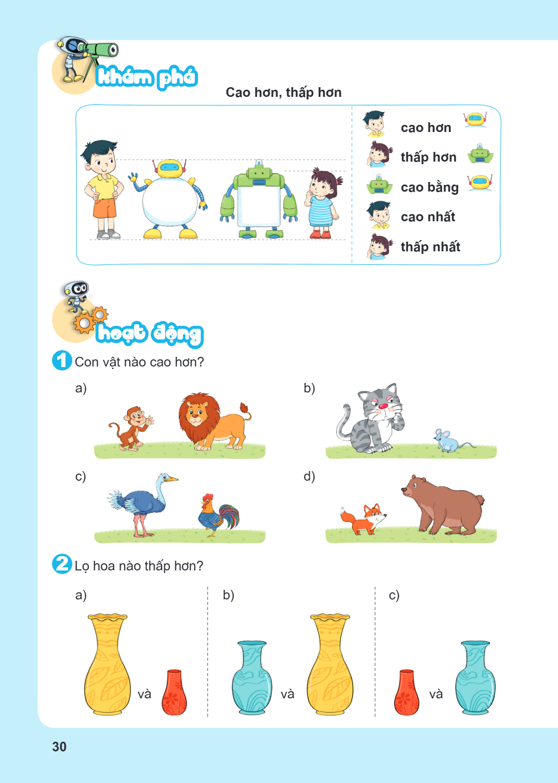 Khám phá Cao hơn, thấp hơn cao hơn thấp hơn cao bằng cao nhất thấp nhất hoạt động 1 Con vật nào cao hơn? a) b) c) d) 2 Lọ hoa nào thấp hơn? a) và b) và c) và
