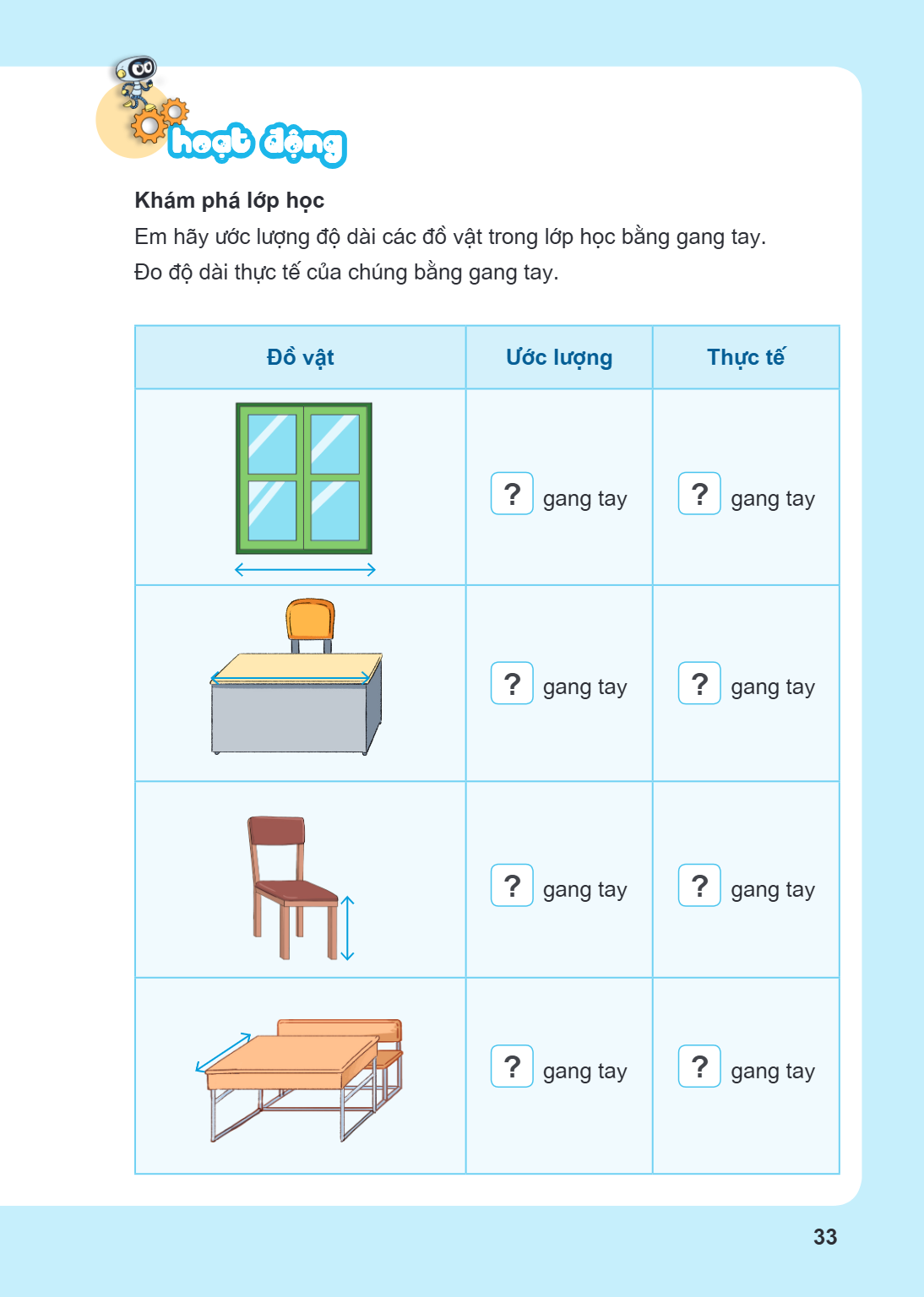 Hoạt động Khám phá lớp học Em hãy ước lượng độ dài các đồ vật trong lớp học bằng gang tay. Đo độ dài thực tế của chúng bằng gang tay. Đồ vật, Ước lượng, Thực tế