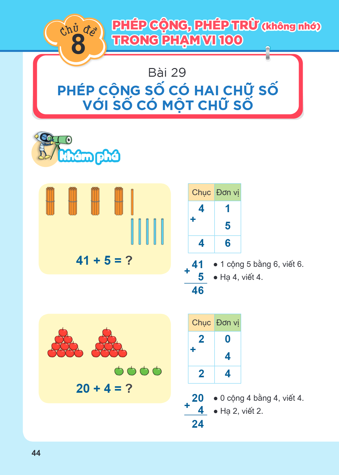 Chủ đề 8. PHÉP CỘNG, PHÉP TRỪ (không nhớ) TRONG PHẠM VI 100 Bài 29. Phép cộng số có hai chữ số với số có một chữ số Khám phá 41 + 5 = ? Chục, Đơn vị 4, 1 +, 5 4