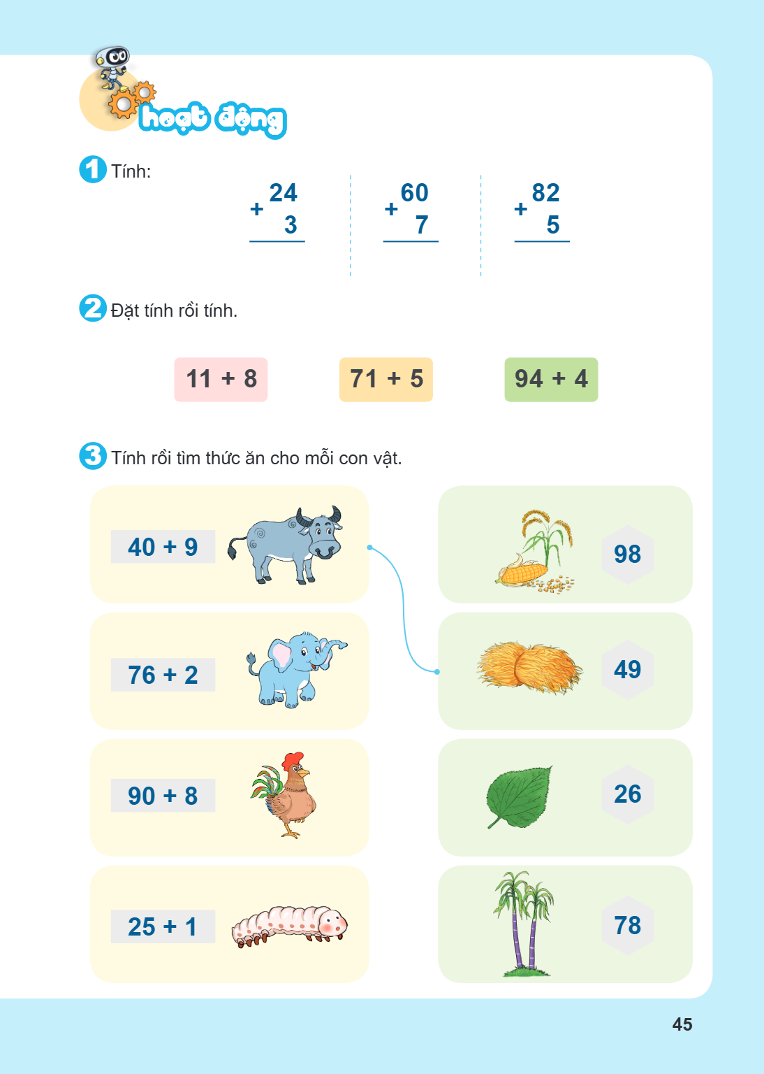 Hoạt động 1. Tính: $24 + 3$ $60 + 7$ $82 + 5$ 2. Đặt tính rồi tính. $11 + 8$ $71 + 5$ $94 + 4$ 3. Tính rồi tìm thức ăn cho mỗi con vật. $40 + 9$ $76 + 2$ $90 + 