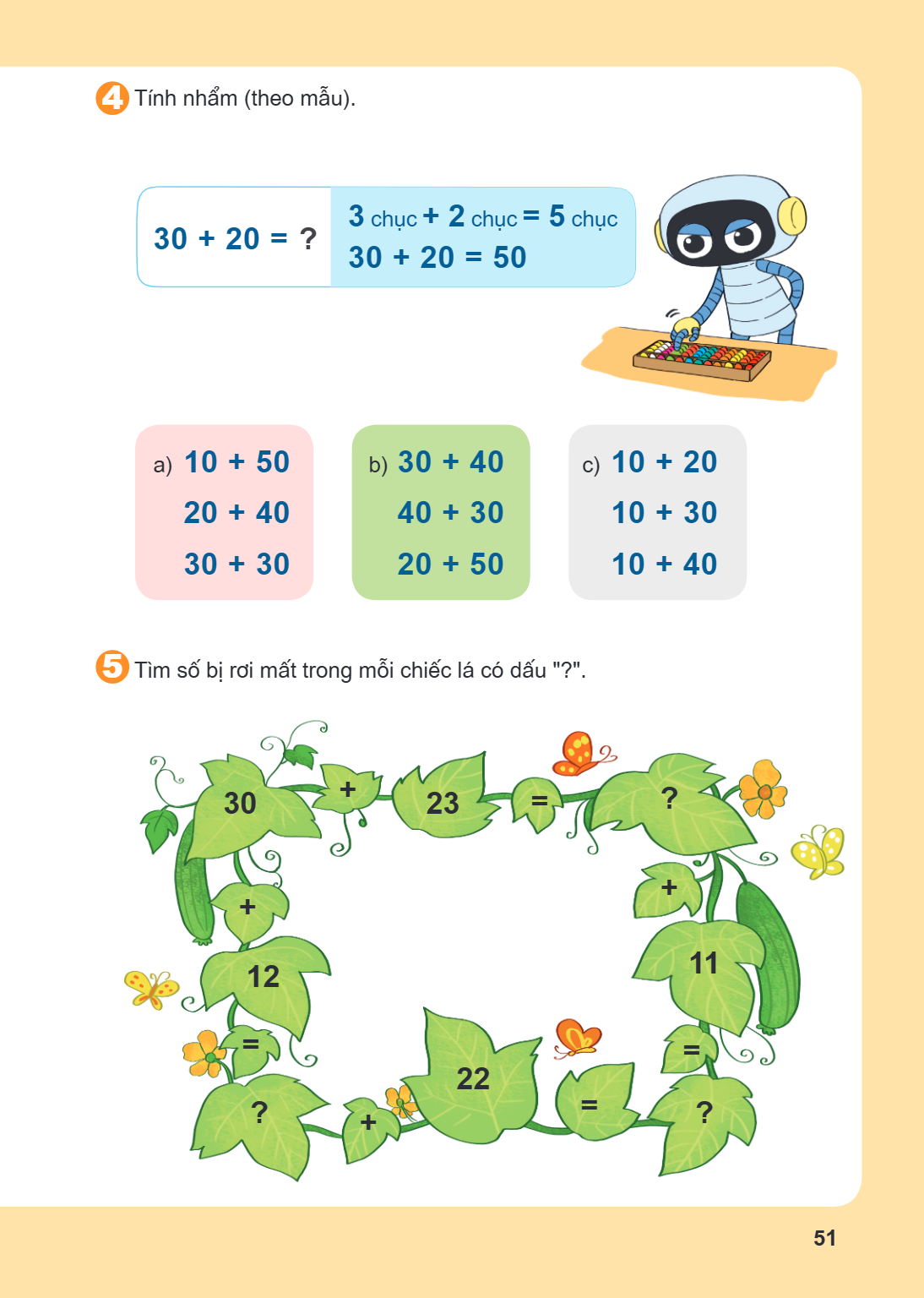4. Tính nhẩm (theo mẫu). $30 + 20 = ?$ 3 chục + 2 chục = 5 chục $30 + 20 = 50$ a) $10 + 50$ $20 + 40$ $30 + 30$ b) $30 + 40$ $40 + 30$ $20 + 50$ c) $10 + 20$ $1