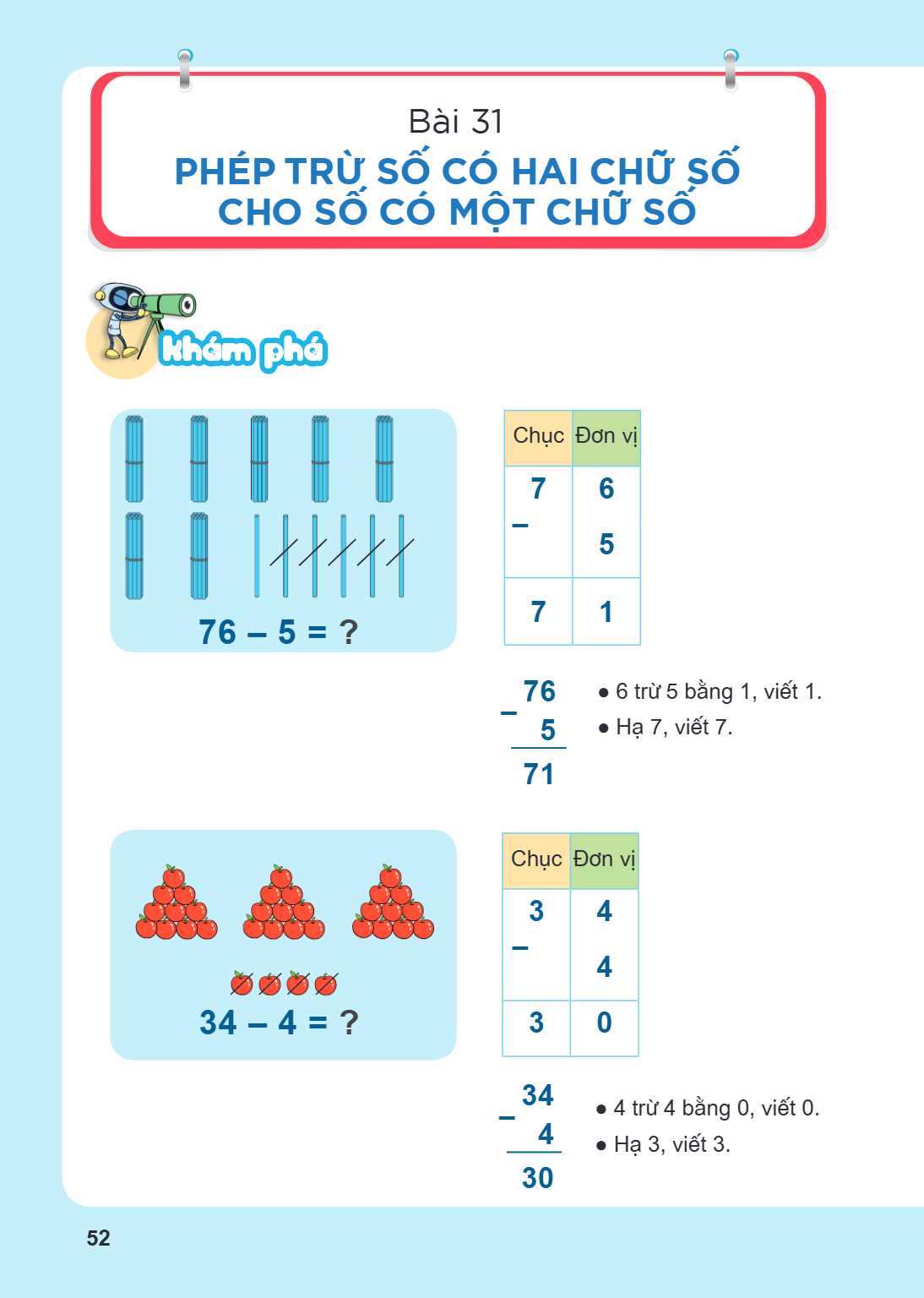 Bài 31. Phép trừ số có hai chữ số cho số có một chữ số Khám phá $76 - 5 = ?$ Chục, Đơn vị 7, 6 –, 5 7, 1 $\begin{array}{r} 76 \ - \quad 5 \ \hline 71 \end{array