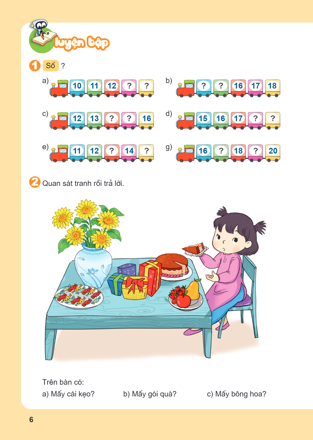 LUYỆN TẬP Số ? a) 10, 11, 12, ?, ? b) ?, ?, 16, 17, 18 c) 12, 13, ?, ?, 16 d) 15, 16, 17, ?, ? e) 11, 12, ?, 14, ? g) 16, ?, 18, ?, 20 Quan sát tranh rồi trả lờ