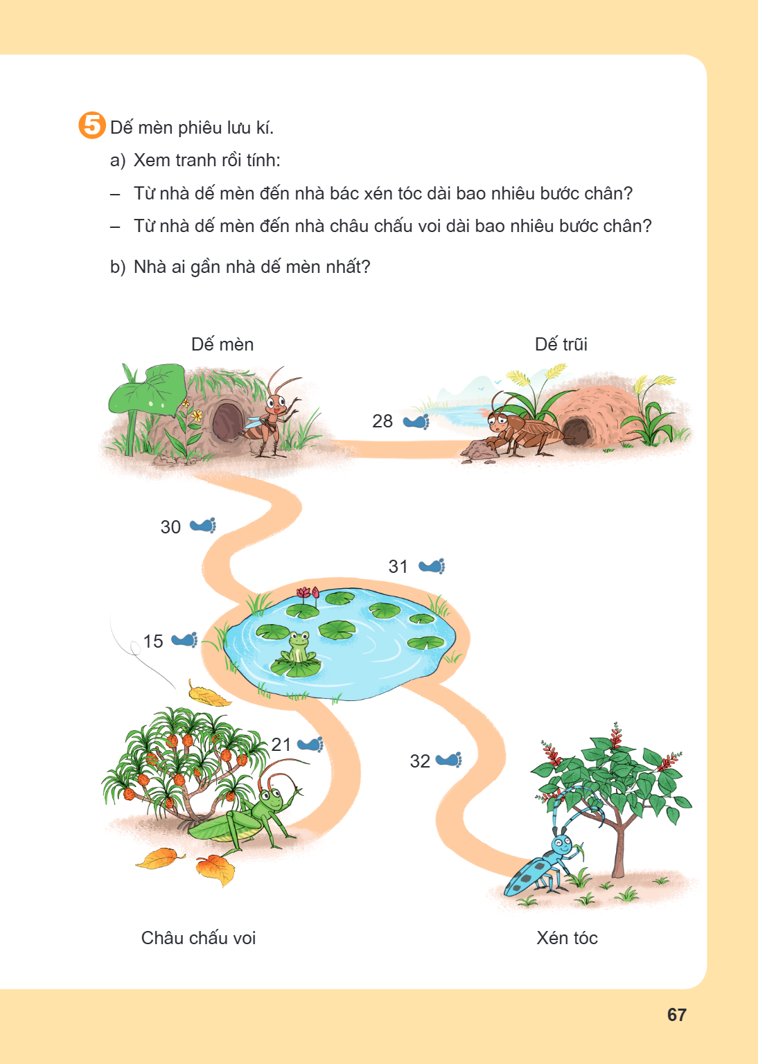 5 Đề mèn phiêu lưu kí. a) Xem tranh rồi tính: Từ nhà đề mèn đến nhà bác xén tóc dài bao nhiêu bước chân? Từ nhà đề mèn đến nhà châu chấu voi dài bao nhiêu bước 