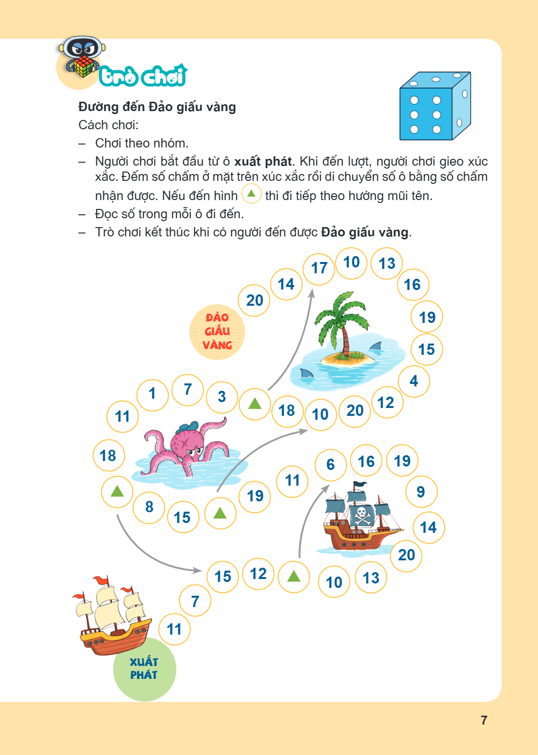 Trò chơi Đường đến Đảo giấu vàng Cách chơi: – Chơi theo nhóm. – Người chơi bắt đầu từ ô xuất phát. Khi đến lượt, người chơi gieo xúc xắc. Đếm số chấm ở mặt trên