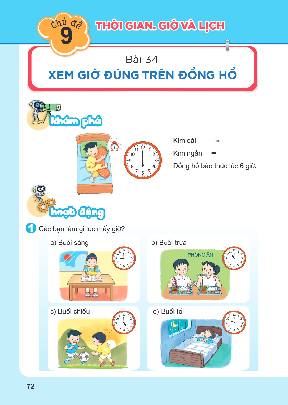Chủ đề 9. THỜI GIAN. GIỜ VÀ LỊCH Bài 34. Xem giờ đúng trên đồng hồ Khám phá Kim dài — Kim ngắn — Đồng hồ báo thức lúc 6 giờ. Hoạt động 1 Các bạn làm gì lúc mấy 