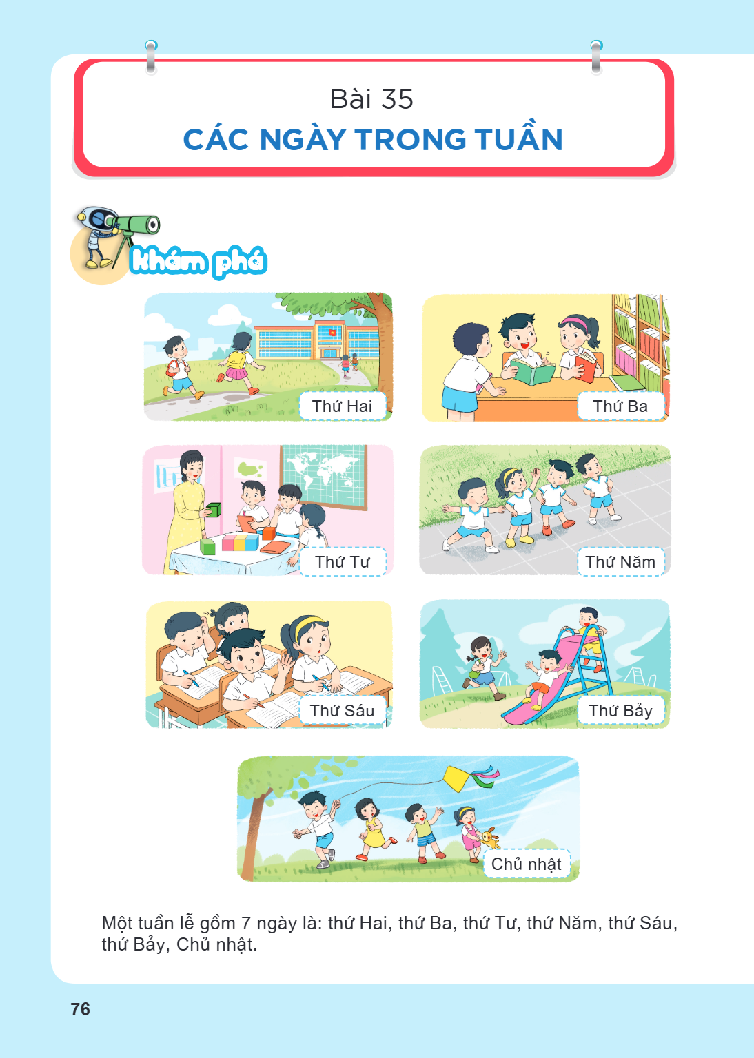 Bài 35. Các ngày trong tuần Khám phá Thứ Hai Thứ Ba Thứ Tư Thứ Năm Thứ Sáu Thứ Bảy Chủ nhật Một tuần lễ gồm 7 ngày là: thứ Hai, thứ Ba, thứ Tư, thứ Năm, thứ Sáu