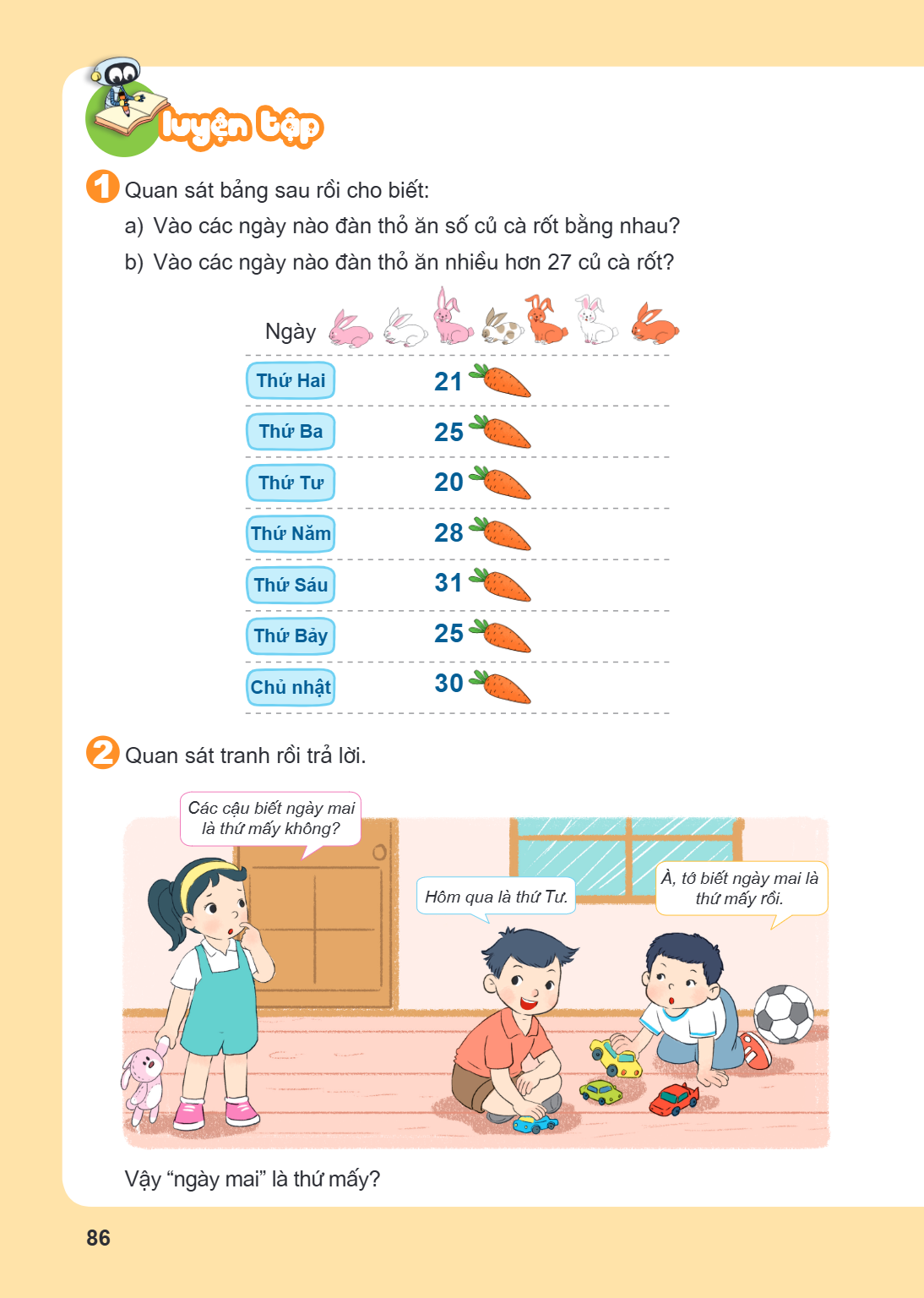 LUYỆN TẬP Quan sát bảng sau rồi cho biết: a) Vào các ngày nào đàn thỏ ăn số củ cà rốt bằng nhau? b) Vào các ngày nào đàn thỏ ăn nhiều hơn 27 củ cà rốt? Ngày Thứ