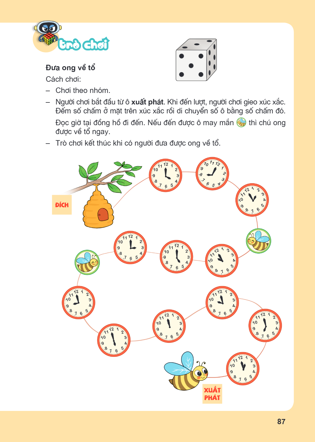 Trò chơi Đưa ong về tổ Cách chơi: – Chơi theo nhóm. – Người chơi bắt đầu từ ô xuất phát. Khi đến lượt, người chơi gieo xúc xắc. Đếm số chấm ở mặt trên xúc xắc r