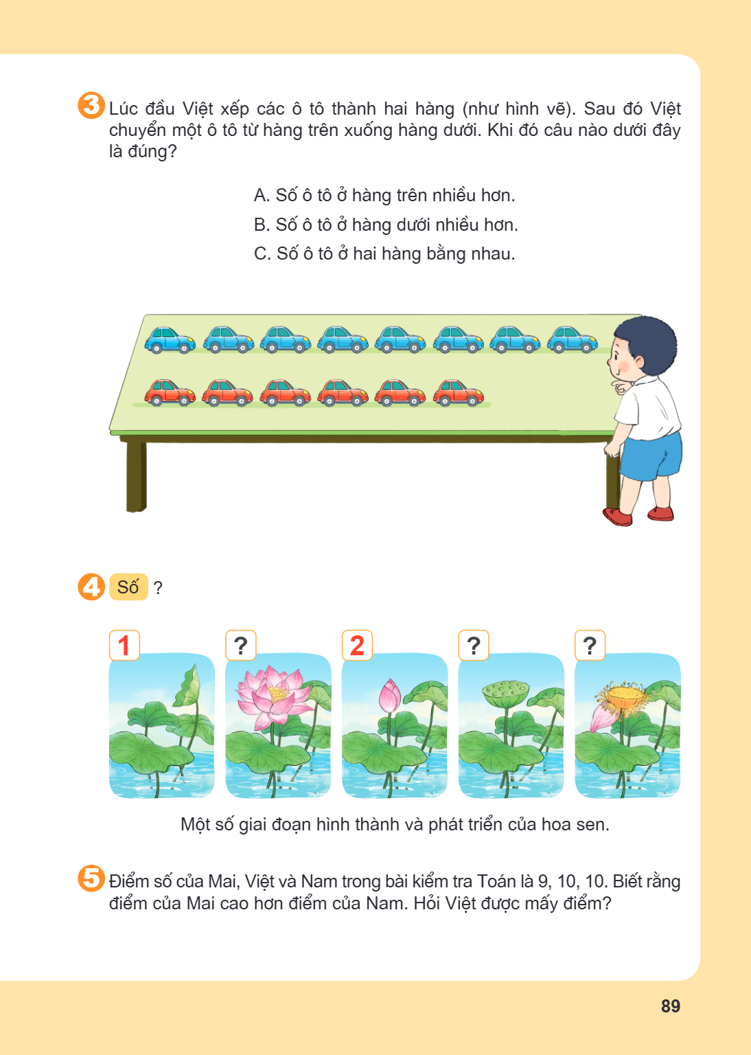 Lúc đầu Việt xếp các ô tô thành hai hàng (như hình vẽ). Sau đó Việt chuyển một ô tô từ hàng trên xuống hàng dưới. Khi đó câu nào dưới đây là đúng? A. Số ô tô ở 