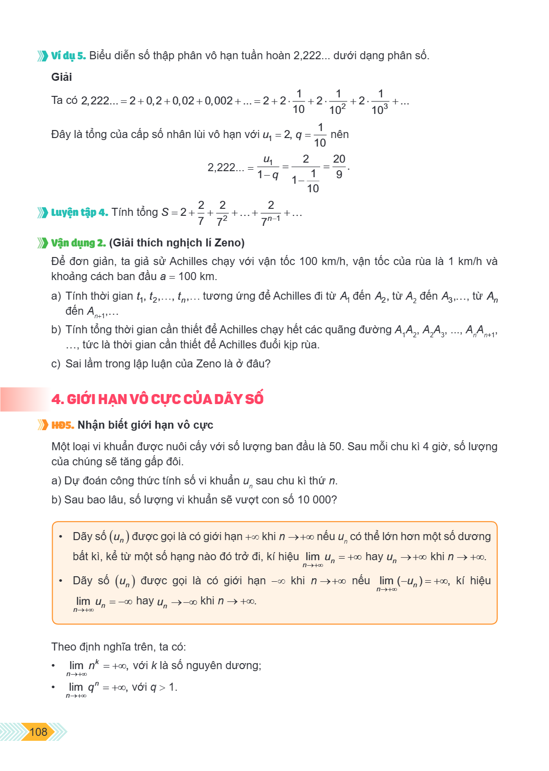 Ví dụ 5. Biểu diễn số thập phân vô hạn tuần hoàn $2{,}222...$ dưới dạng phân số. Giải Ta có $2{,}222... = 2 + 0{,}2 + 0{,}02 + 0{,}002 + ... = 2 + 2 \cdot \frac