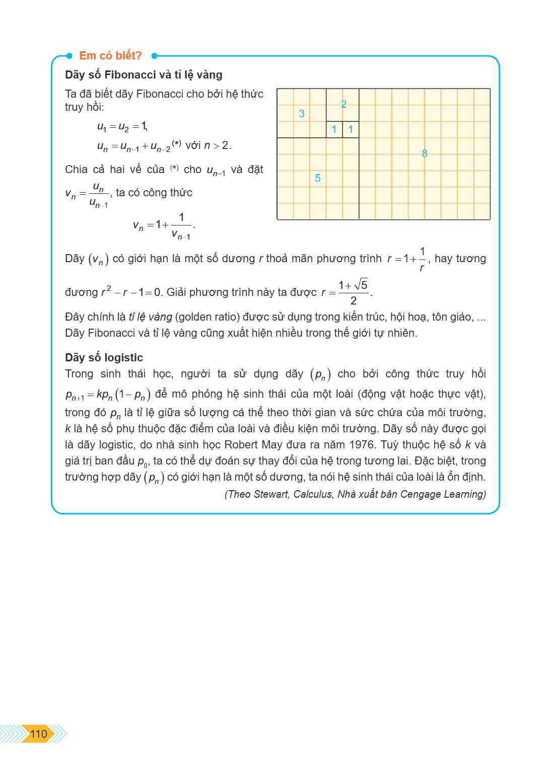 Em có biết? Dãy số Fibonacci và tỉ lệ vàng Ta đã biết dãy Fibonacci cho bởi hệ thức truy hồi: $u_1 = u_2 = 1,$ $u_n = u_{n-1} + u_{n-2}^{(*)}$ với $n > 2.$ Chia