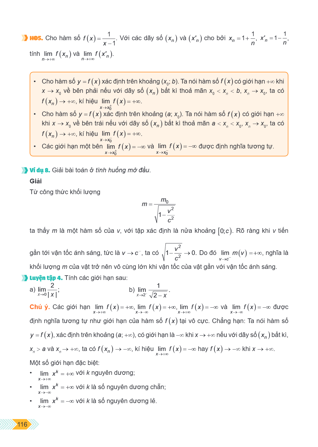 HD5. Cho hàm số $f(x)=\frac{1}{x-1}$. Với các dãy số $(x_n)$ và $(x'n)$ cho bởi $x_n=1+\frac{1}{n}$, $x'n=1-\frac{1}{n}$, tính $\lim{n \to +\infty} f(x_n)$ và $